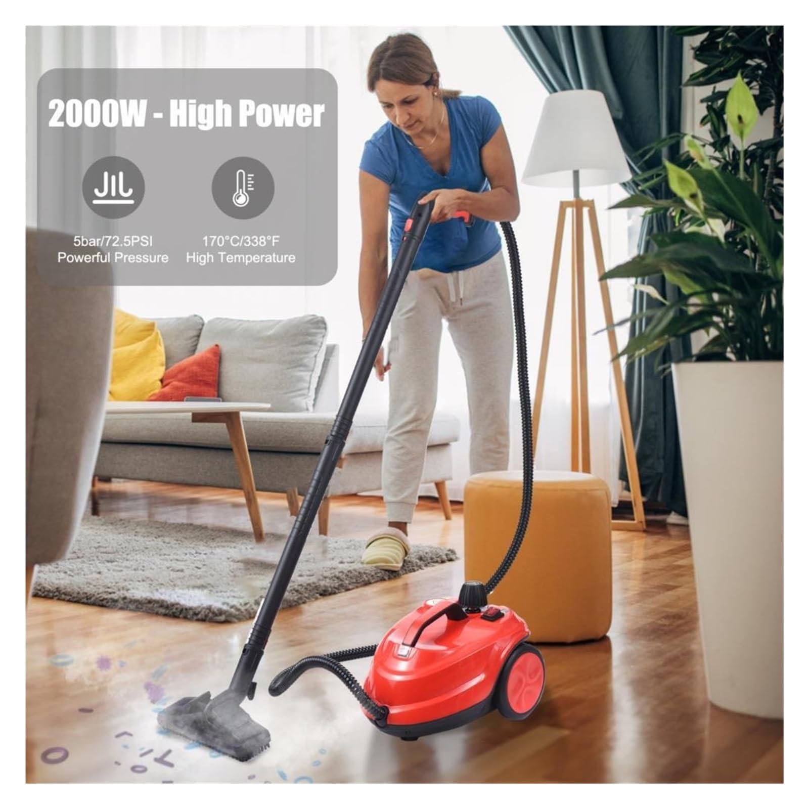Odkurzacz parowy o mocy 2000 W z 16 akcesoriami Zbiornik 2,0 l, ciśnienie 5 barów Dokładne czyszczenie Urządzenie parowe na rolkach do podłóg z oknami w samochodach Samochód, Zasłony