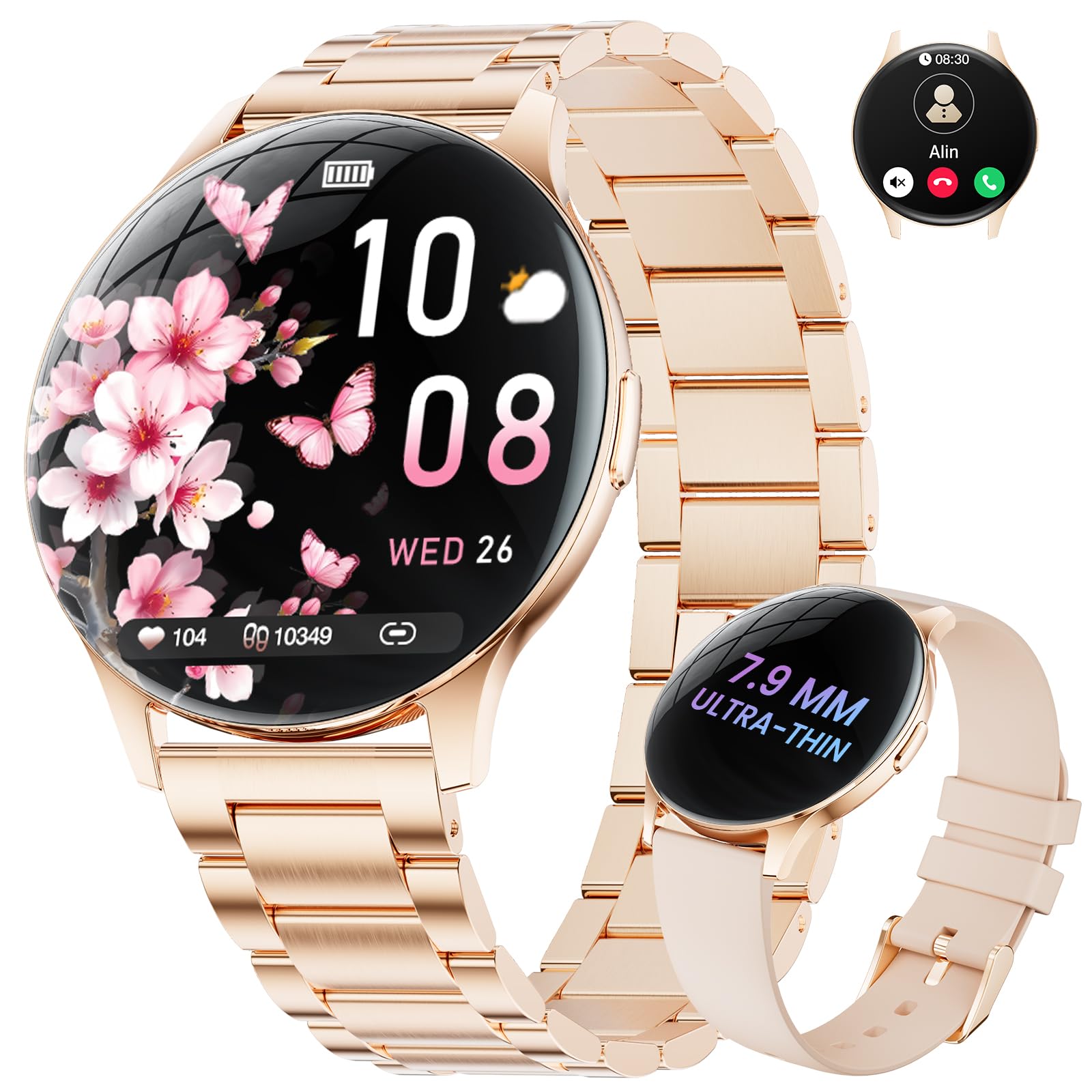 LIGE Montre Connectée Femme avec Appel Bluetooth, 1.43" AMOLED Display Smartwatch Femme avec Fréquence Cardiaque/Sommeil/Fonction Féminine pour Android iOS, 120+ Modes Sportifs, Or Rose