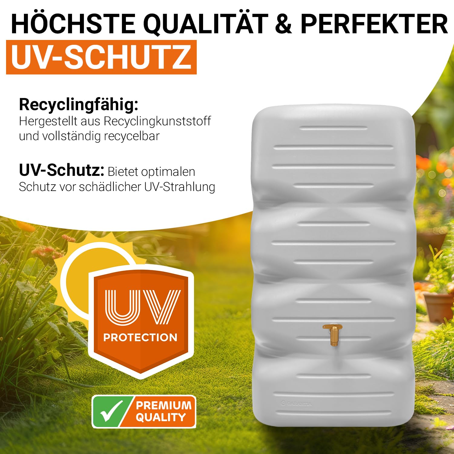 GARANTIA CUBUS Gartentank Komplett-Set 340 Liter betongrau inkl. Kunststoff-Auslaufhahn und Fallrohranschluss - Regentonne eckig zum Regenwasser sammeln auf Terrasse - Regenwassersammler flexibel