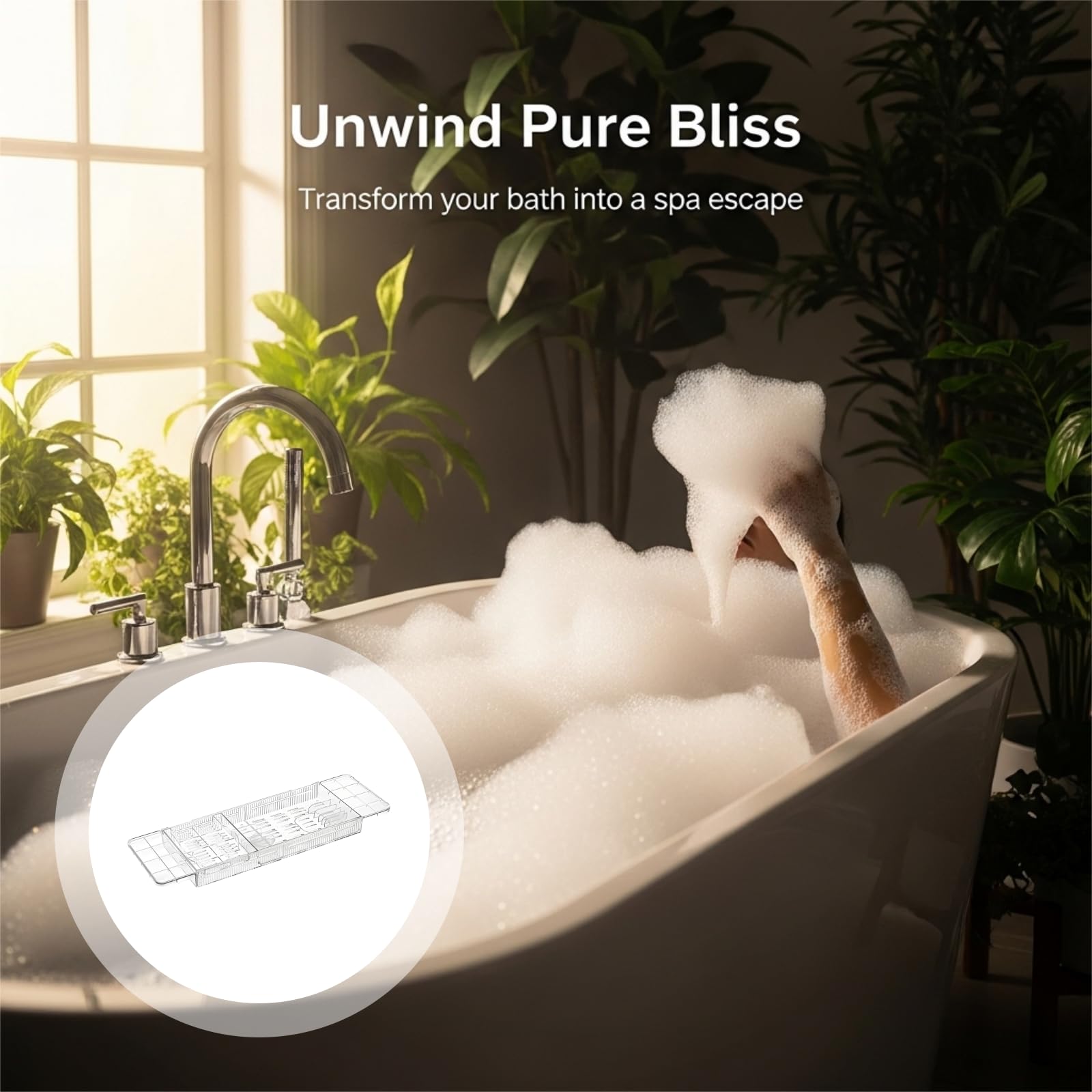 Bandeja de bañera, organizador de baño de plástico transparente expandible con soporte para copas de vino y tablet, retráctil de 22.3 a 31.8 pulgadas de longitud, almacenamiento multicompartimento
