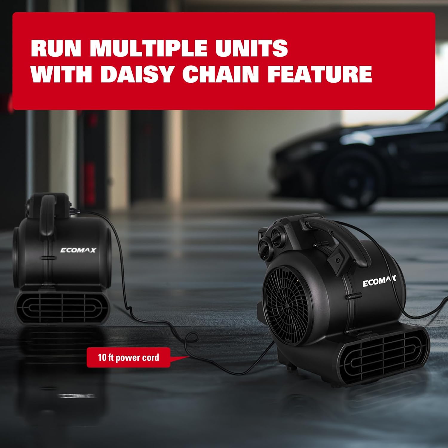 Two ECOMAX Air Movers connected in a daisy chain in a garage setting