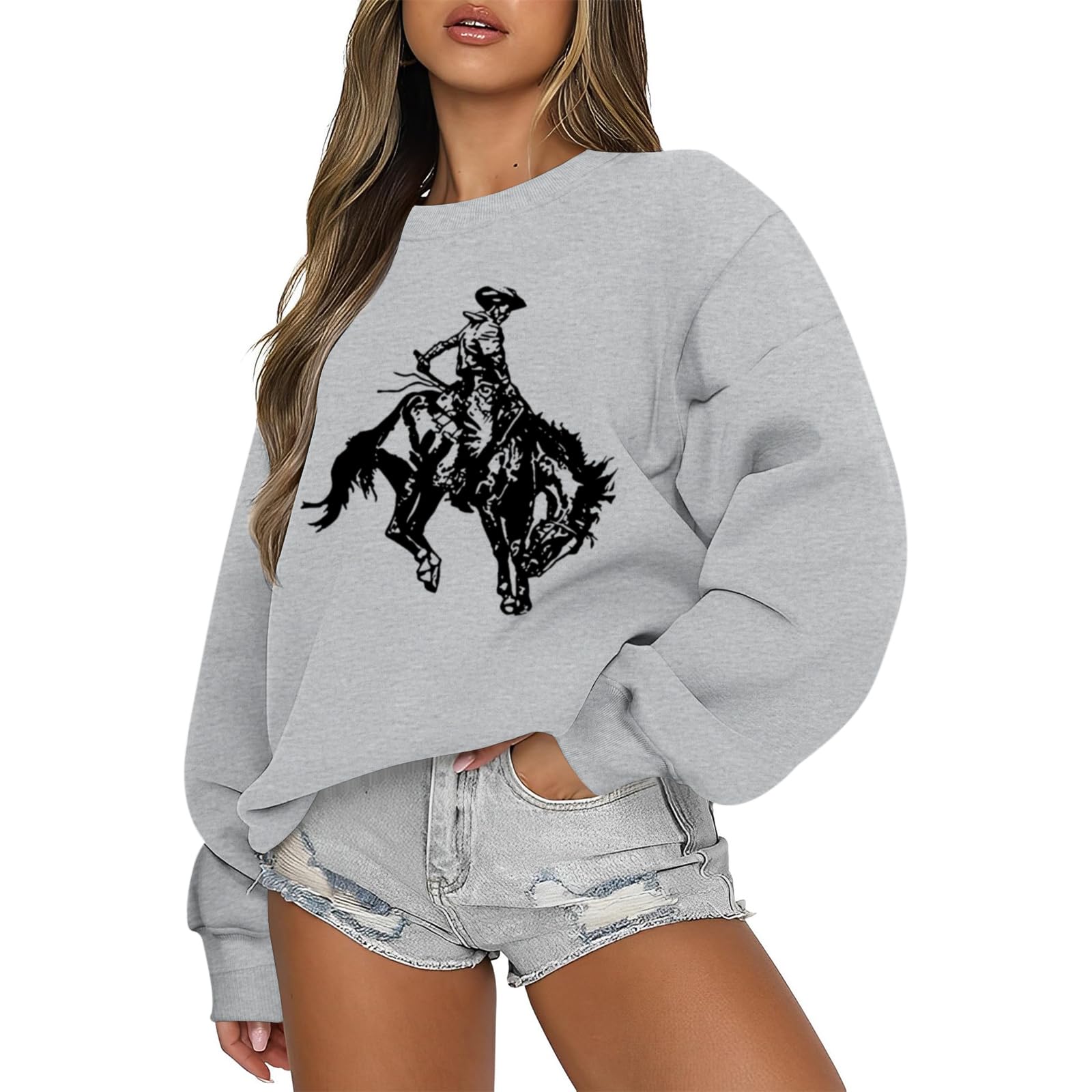 Weetiotio Western Cowboys Graphic Sweatshirts For Women Cowgirls Rodeo Oversized Sweatshirt Country Concert Crewneck Outfits