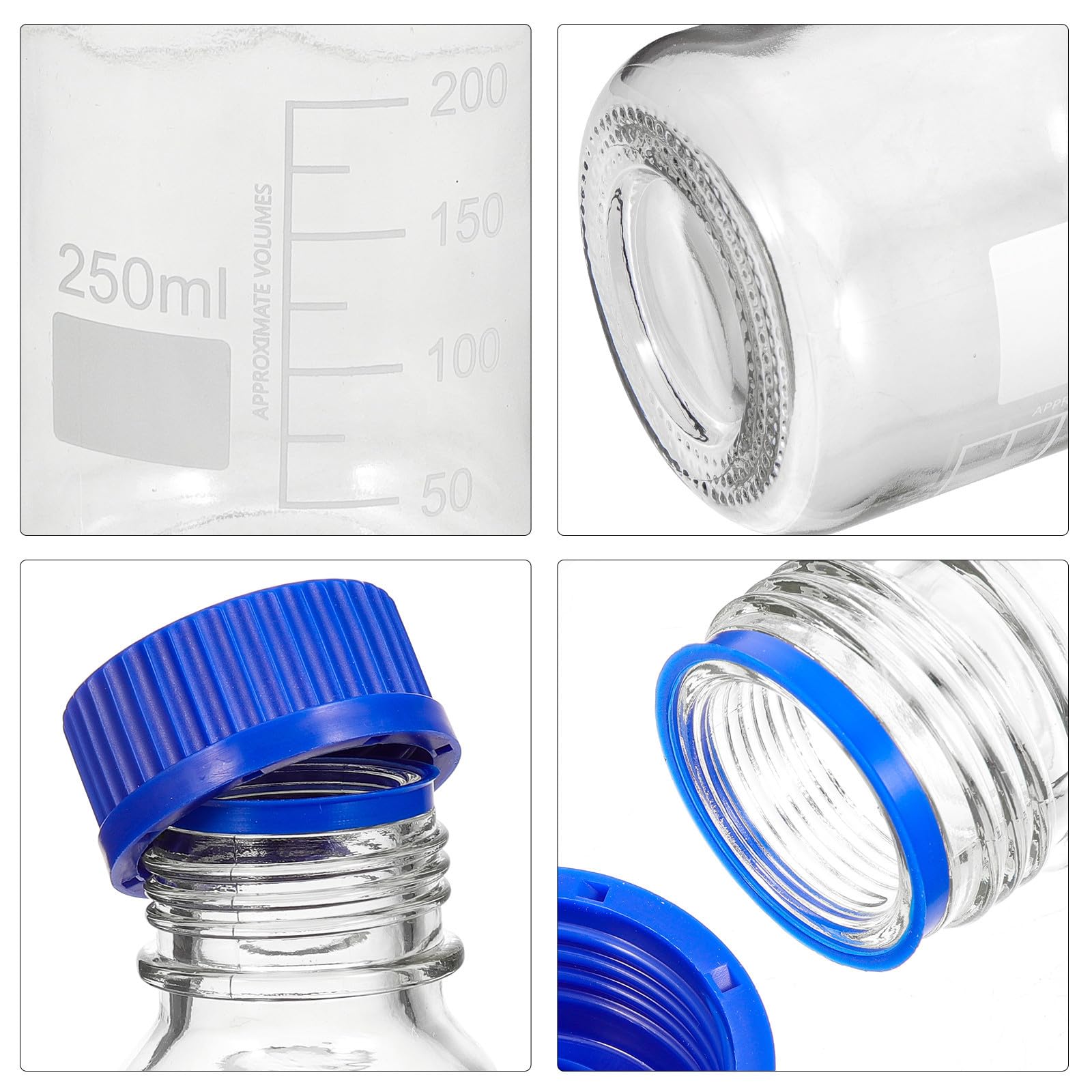 Bottiglia di Reagente in Vetro 250ml Blu, 4 Pezzi con Tappi a Vite, Resistente All’usura alla Rottura, per Laboratorio e Aula