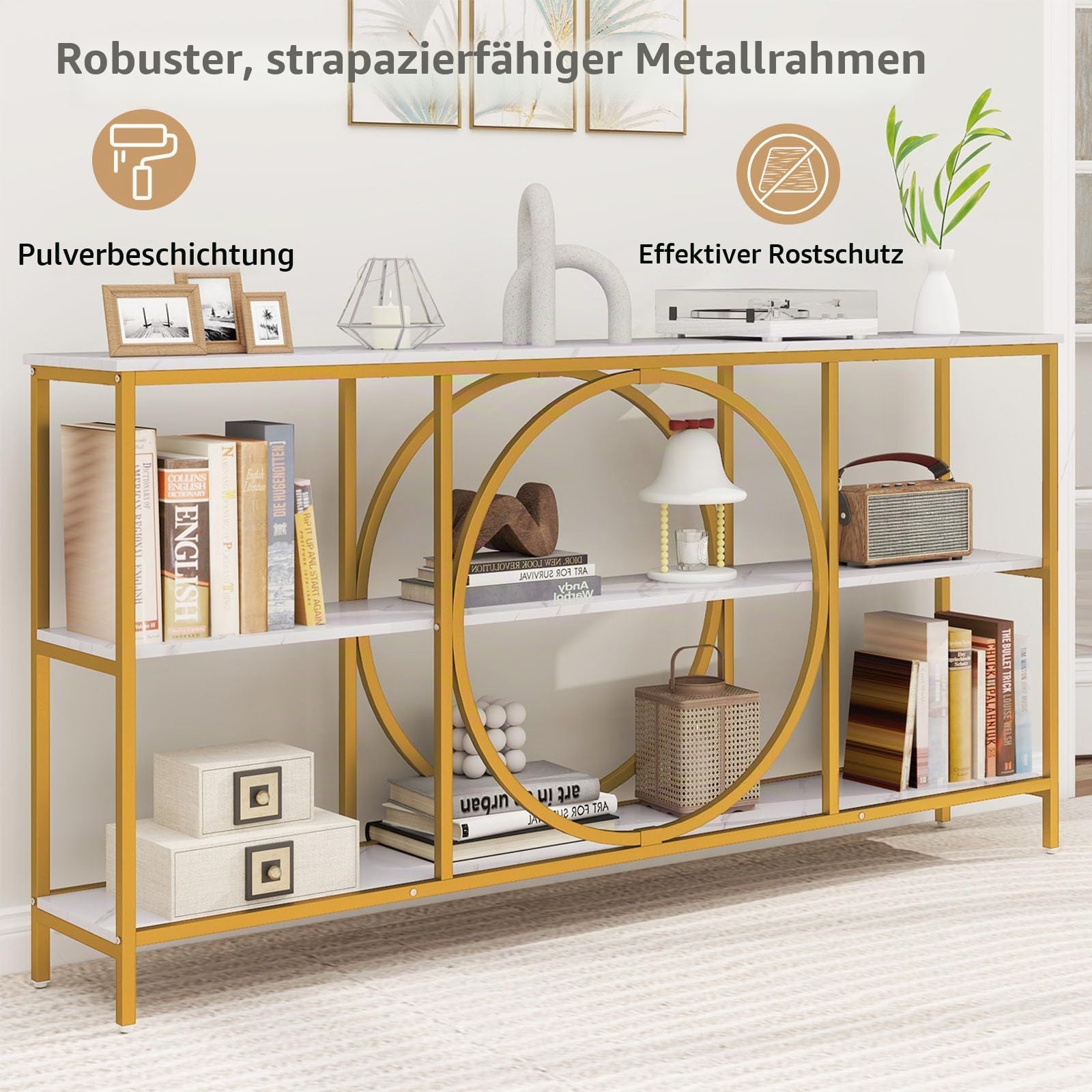 LIFEZEAL 180 cm Konsolentisch, 3-stöckiger Flurtisch Eingangstisch, Schmaler Beistelltisch Sofatisch mit Metallbeinen für Wohnzimmer, Flur, Eingang (Weiß + Golden)