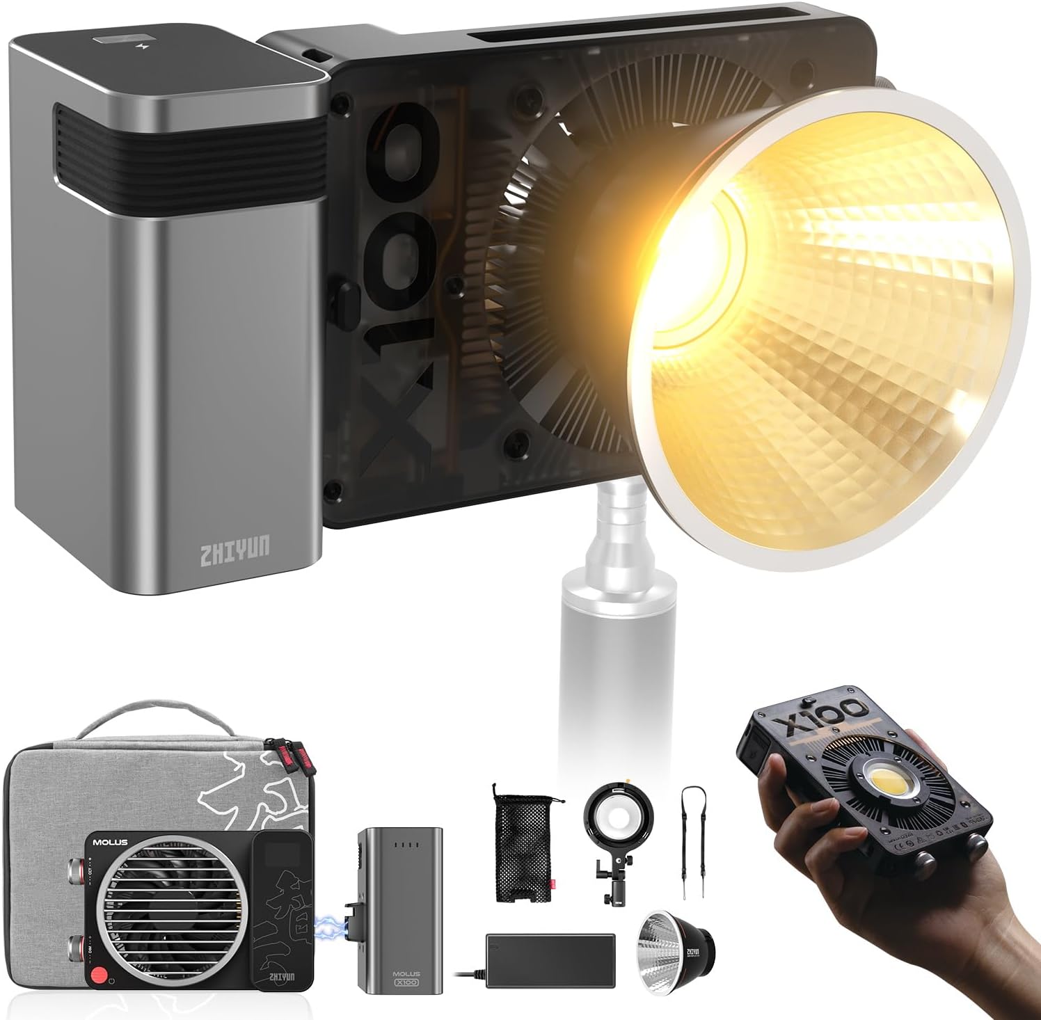 ZHIYUN MOLUS X100 Videolamp – 100W COB LED, 17317 Lux, 2700-6500K, CRI≥95, APP-gestuurd, Draagbaar (385g, Batterij Optioneel)