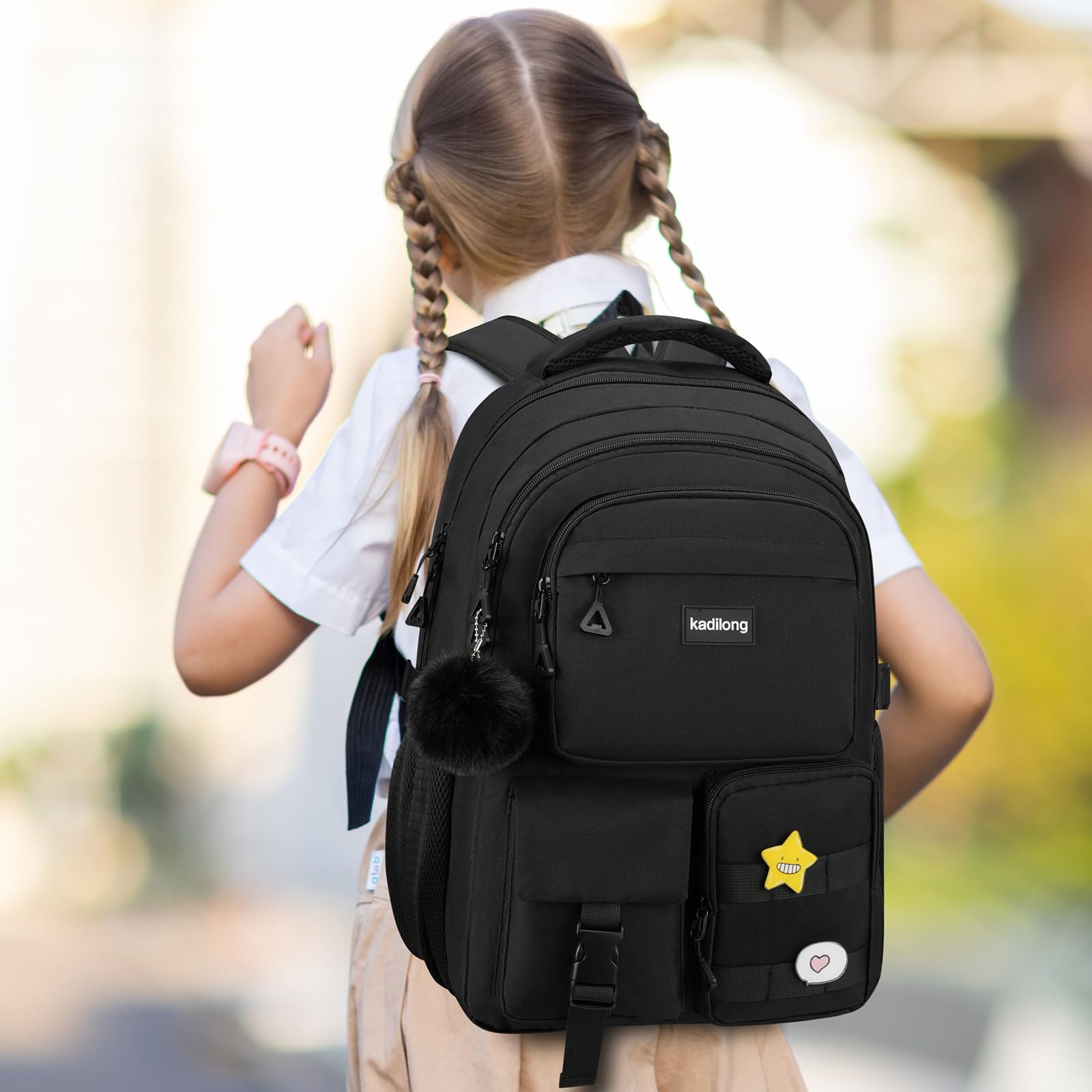 kadilong Zaino per computer portatile da 17,3 pollici, per donne, adolescenti, ragazze, per studenti universitari, medie e superiori, mochila escolares para niñas mujeres (nero)