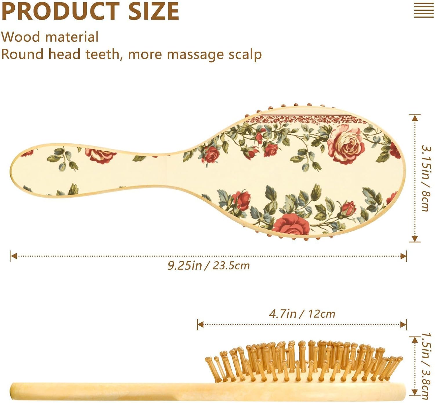 STAYTOP ビクトリア朝スタイルのボーダー バラのヘアブラシで育毛用、頭皮をマッサージするための快適なほどける木製パドルヘアブラ