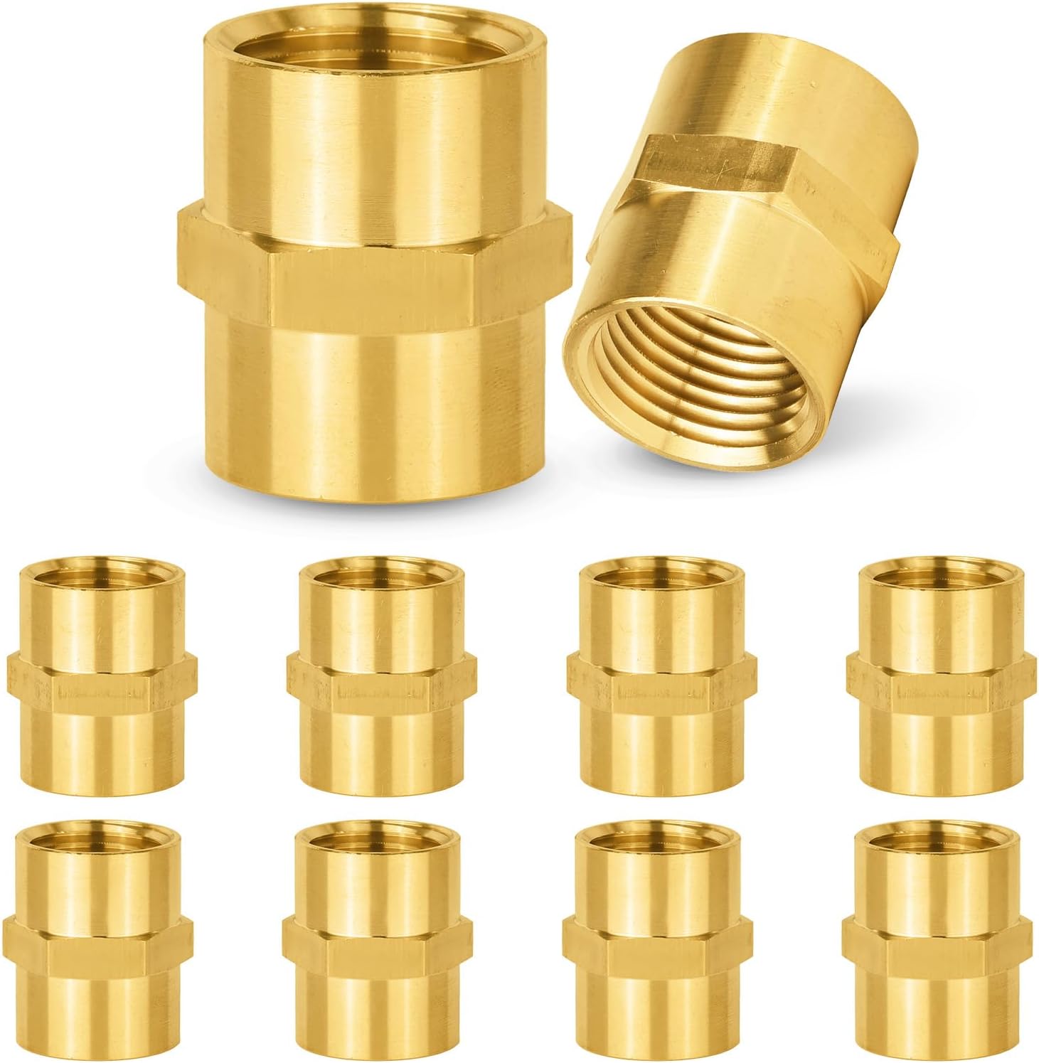 10-PACK GUOFIS Brass Pipe Fittings Coupling,1/2" NPT Female to 1/2" NPT Female, For Link Between Two Pipe or Fittings
