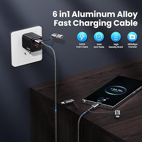 Miniatura 2 de Cable de carga múltiple de 240 W, cable USB C 6 en 1 de 4 pies, cables de carga rápida con puertos USB-CA a conectores IPtipo Cmicro para