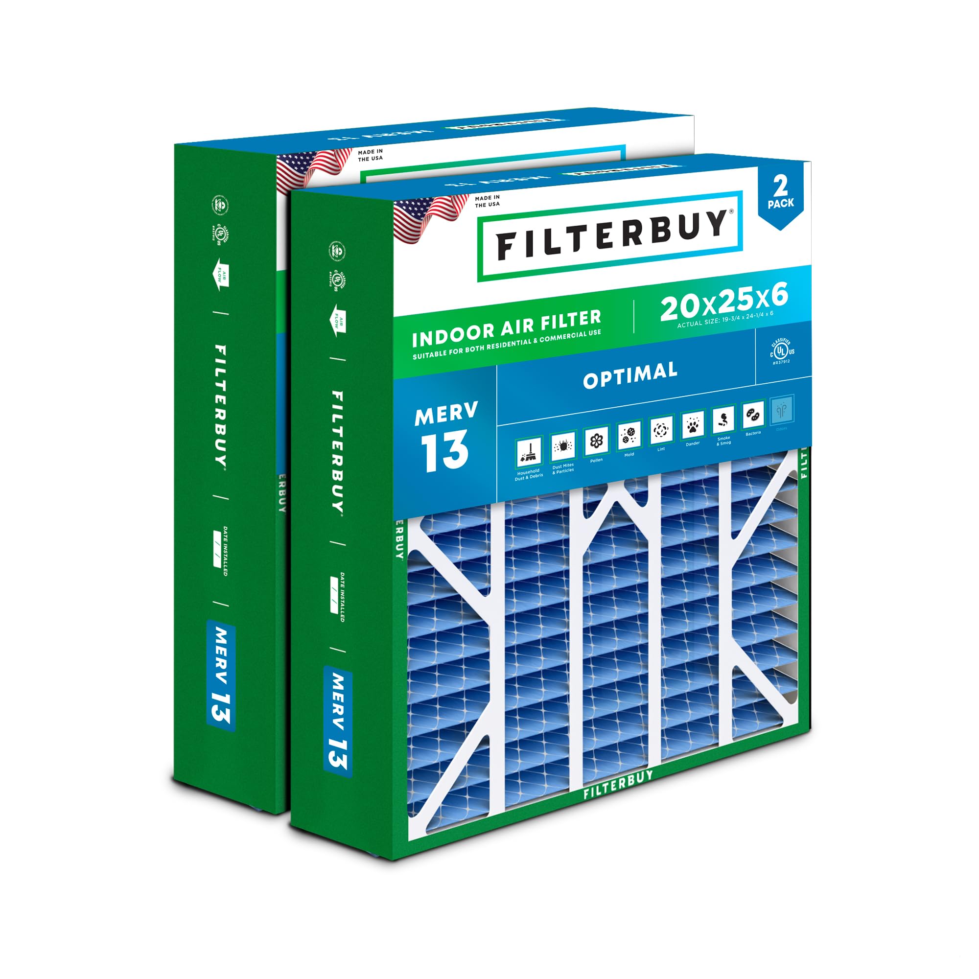 Filterbuy 20x25x6 Air Filter MERV 13 Optimal Smoke & Allergy Defense (2-Pack), Pleated HVAC AC Furnace Filters for AprilAire Space-Gard 201, 2200, 2250, & Lennox (Actual Size: 19.75 x 24.25 x 6.00)