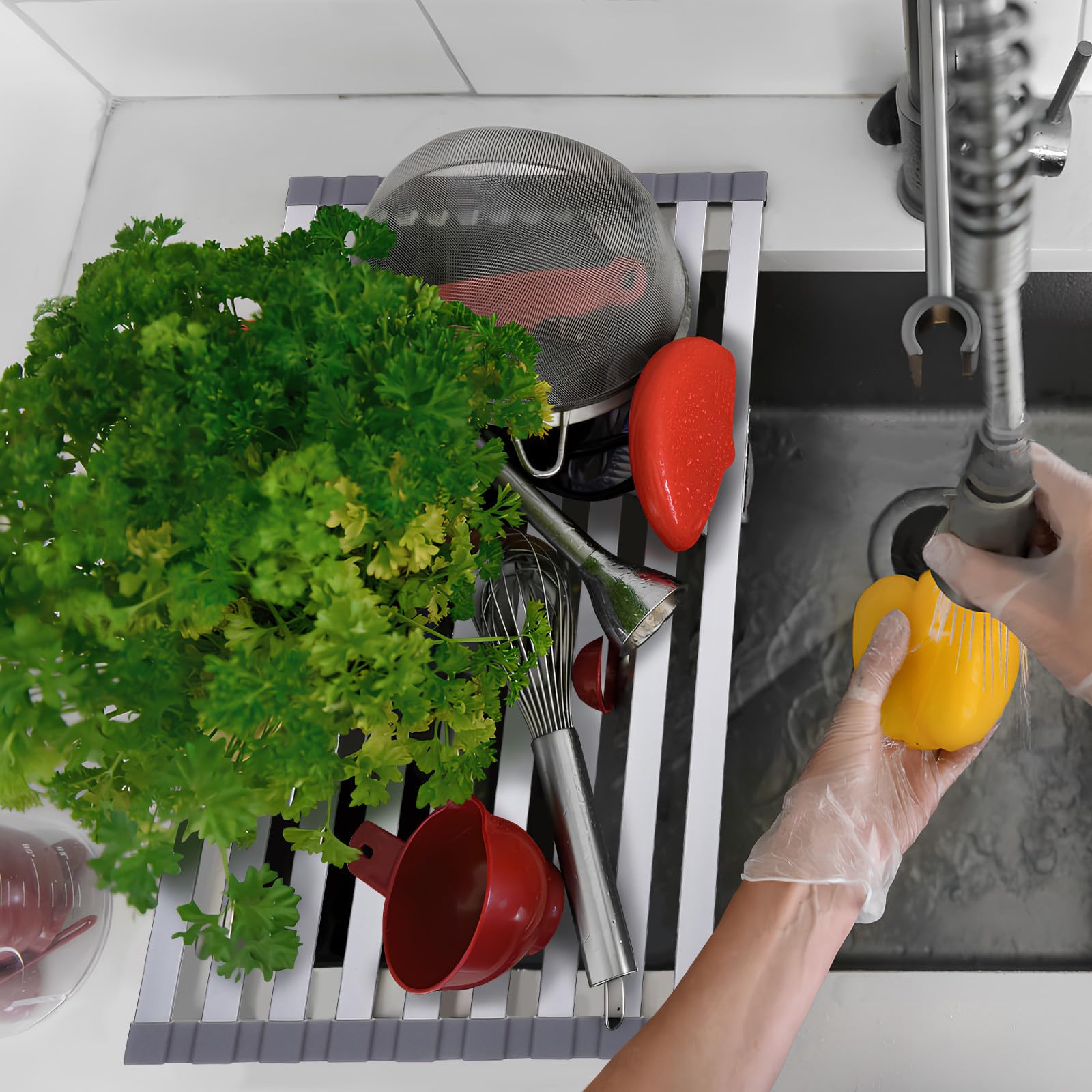 Escurreplatos Enrollable para Fregadero de Cocina Diseño Versátil y Compacto de Aluminio Adecuado para Cocinas y Restaurantes