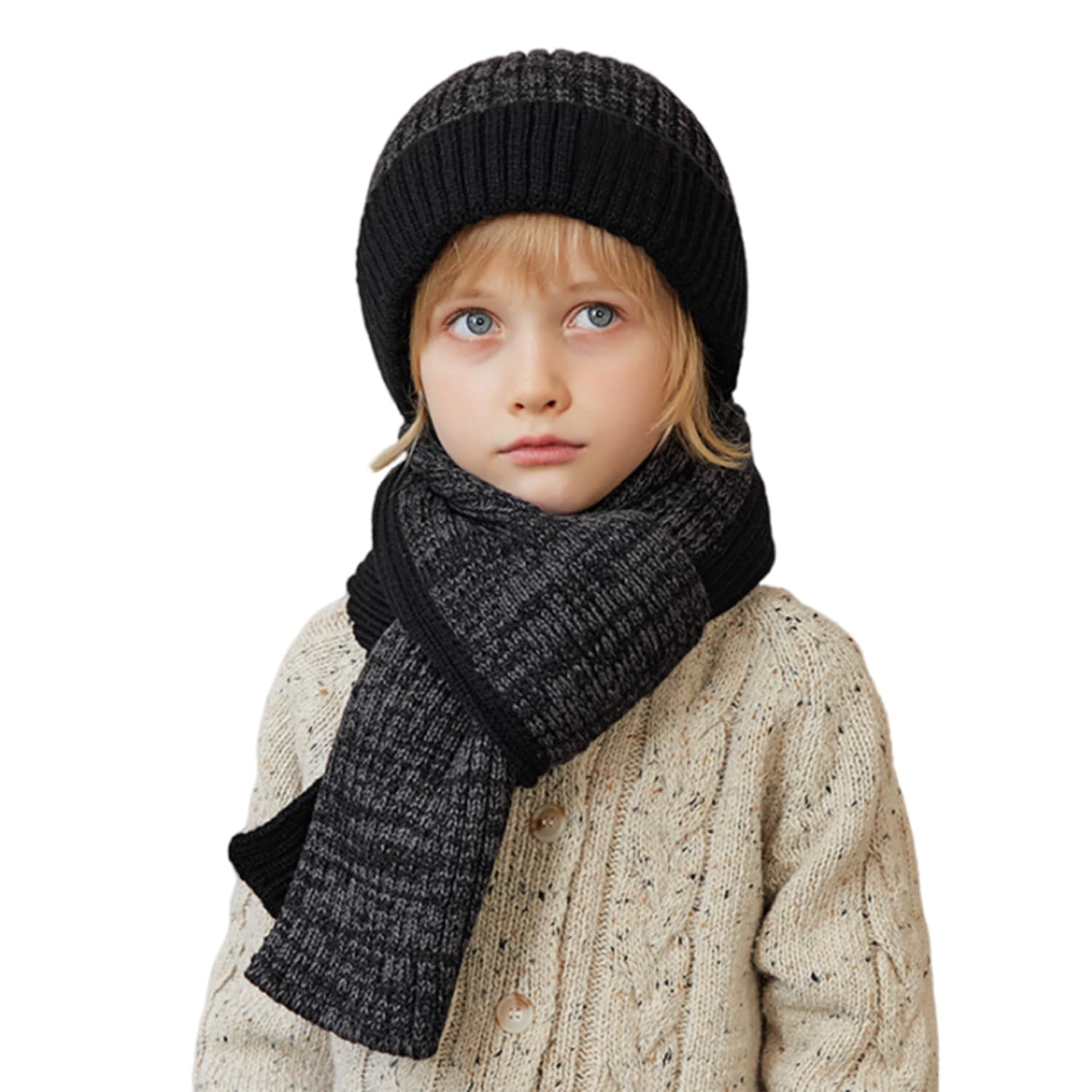 Kids Beanie and Scarf Set 2Pcs Winter Warm Knit Fleece Lined Skull Hat Long Scarf Outdoor Set for 2-8 Years Old Boys Girls (Black)