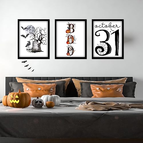 Miniatura 7 de Whaline 9 impresiones artísticas de pared de Halloween de 8 x 10 pulgadas, diseño de murciélago de calabaza, decoración de Halloween, impresiones
