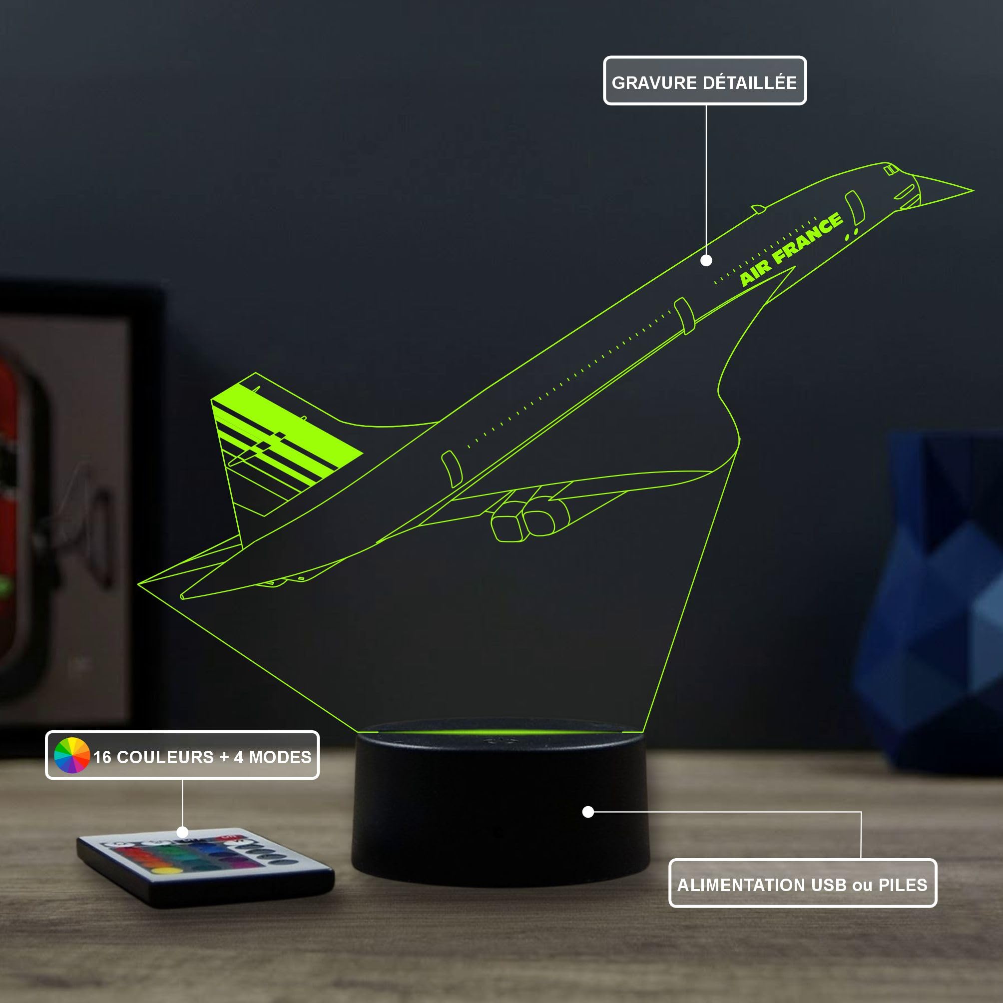 Lampe LED 3D Concorde – Veilleuse 16 Couleurs + Télécommande – Cadeau Passion Aviation & Avion Supersonique – Décoration Aéronautique – Fabrication Française Artisanale