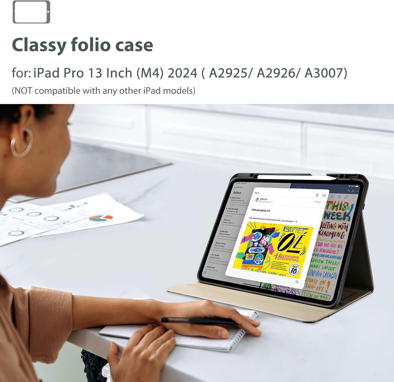 ProCase Leather Case for iPad Pro 13 Inch 2025 (M5) / 2024 (M4) with Pencil Holder, PU Leather Business Stand Cover Multi-Angle Viewing Smart Folio with Hand Strap Front Pocket for iPad Pro 13" -Black