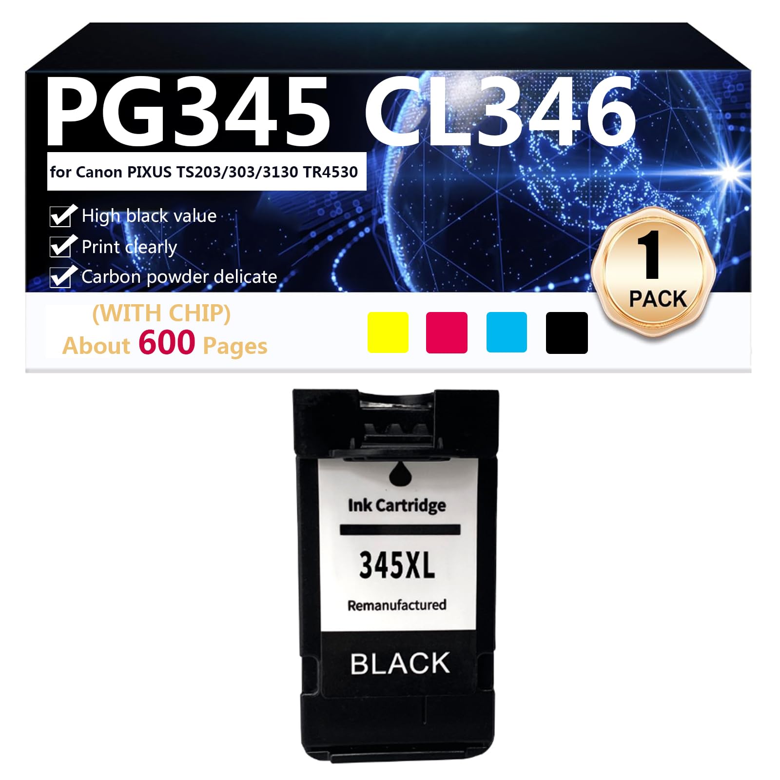 Cartucce D'inchiostro Compatibili per PG345 CL346 per Canon PIXUS TS203 303 3130 TR4530 Stampante Cartucce D'inchiostro ad Alta Resa, 600 Pagine,Black