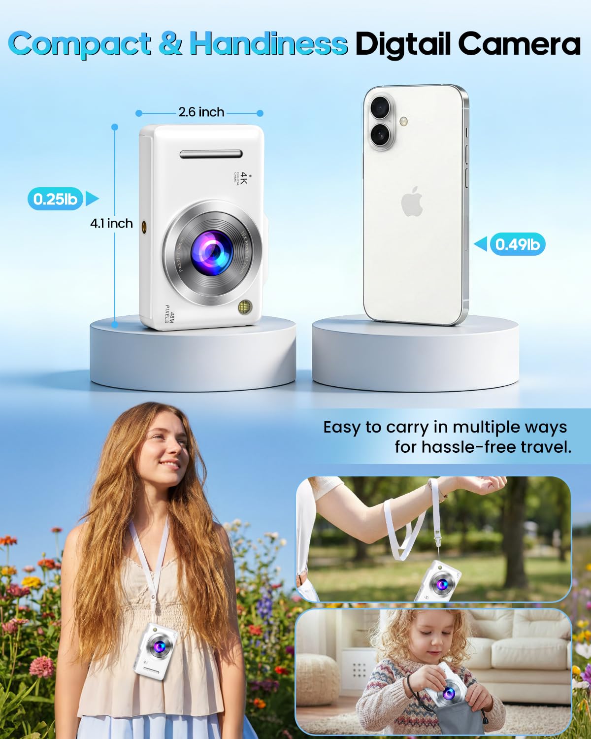 Digital Camera 4K Autofocus Vlogging Camera for Photography with 16X Zoom Anti Shake, 32GB Card, 48MP Compact Portable Point and Shoot Camera for Kids Boys Girls Teens Beginner(White) - 3