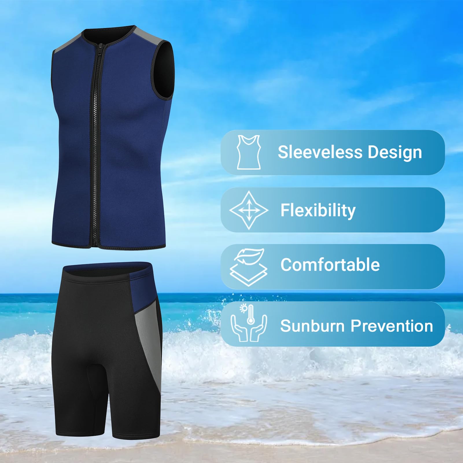 3mm Thermisch Ärmellose Neoprenanzug Herren Damen, Frontreißverschluss Wetsuit Kurzarmanzug zum Schwimmen Tauchen Surfen