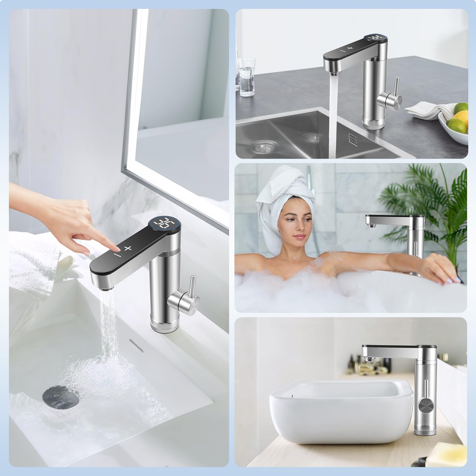 Robinets Électrique Instantané 3300W 220V, Mitigeur d'Eau Chaude et Froide avec Écran Numérique LED, pour Cuisine, Salle de Bain et Lavabo