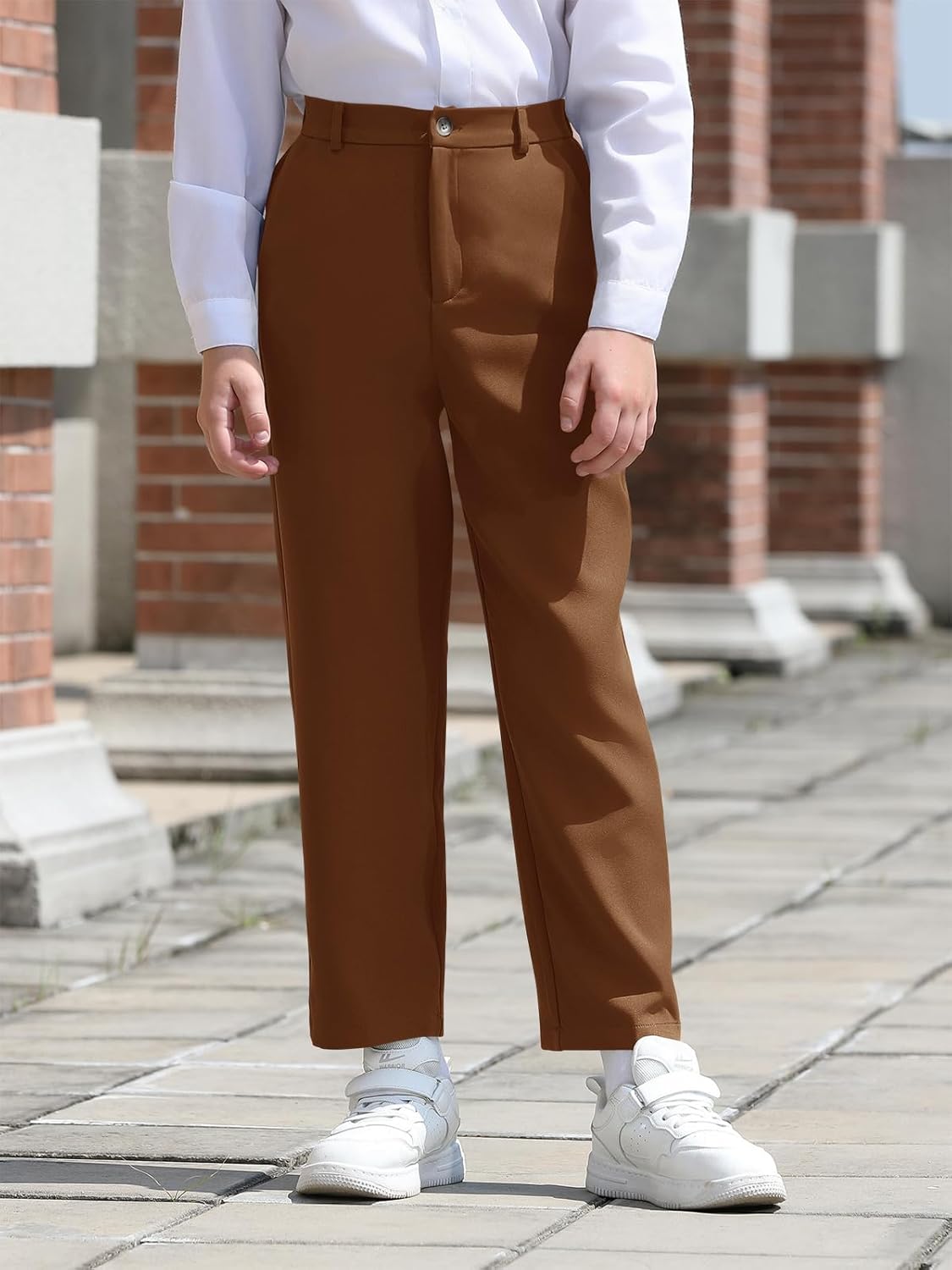 Haloumoning Boys Dress Pants Kids Elastic Waist Straight Leg Uniform Pants Casual Trousers with Pockets - Image 2