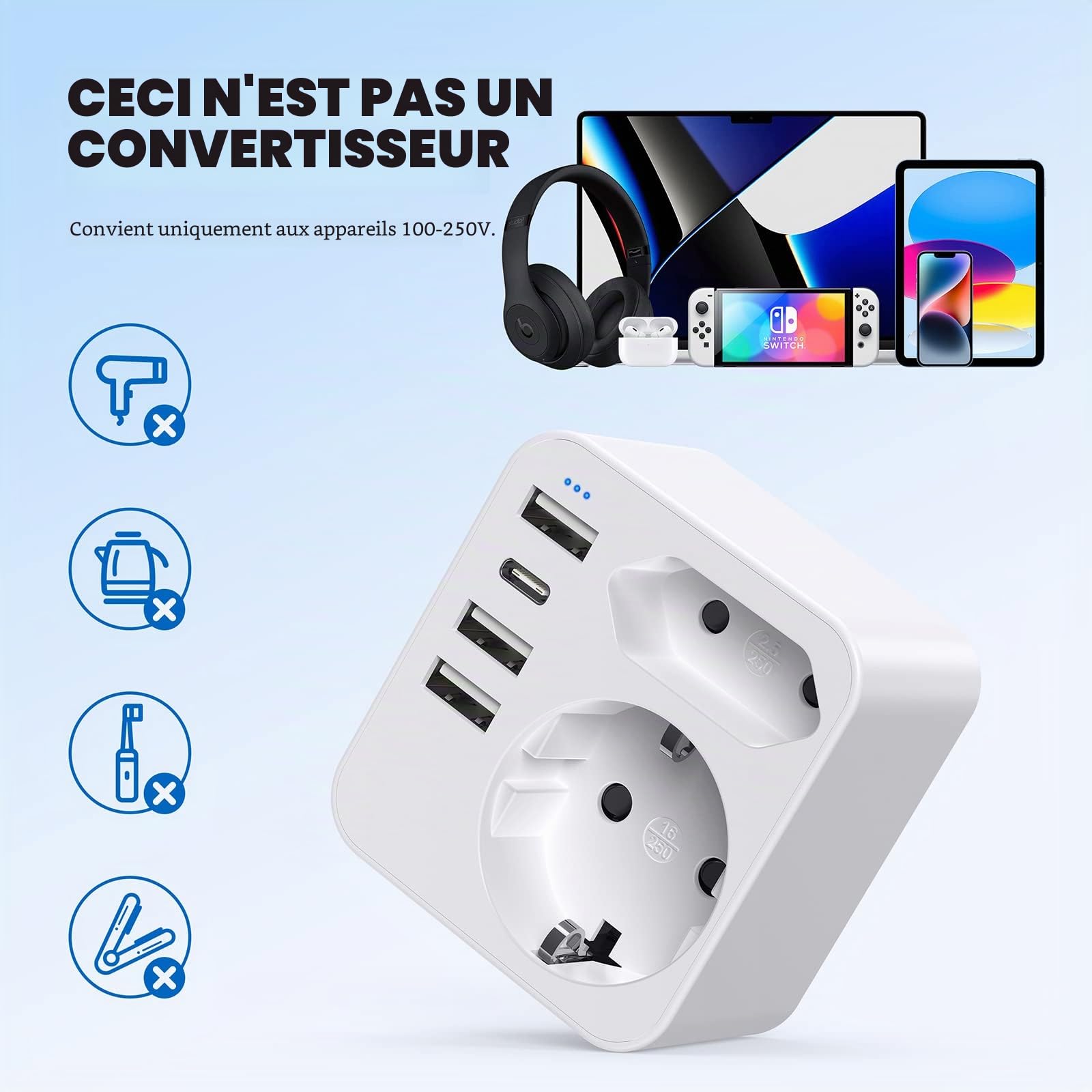 6 en 1 Prise Anglaise avec 3 Ports USB et 1 Type C (3,4A) et 2 Prises,Adaptateur Type G France vers UK pour Angleterre,Irlande, Écosse,Dubai