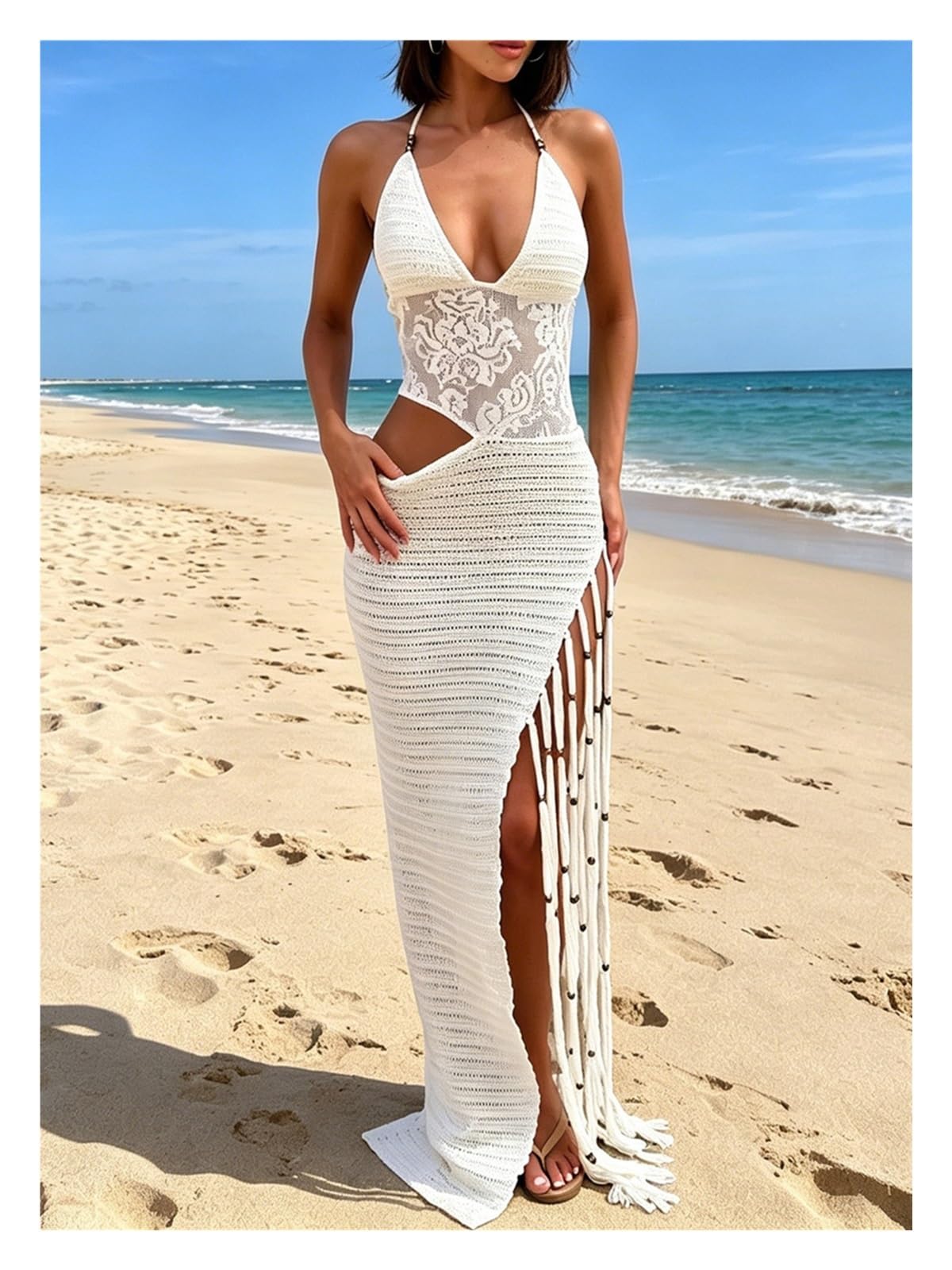 Vestido Playero for Mujer, Ropa de Playa, Túnica Punto asimétrica con Cuello Halter y borlas for para Las Vacaciones