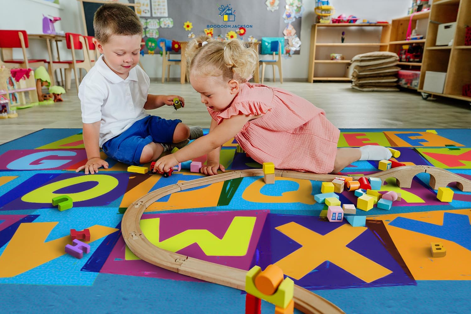 Booooom Jackson Kids Rug ABC Educational Rugs, 4'11x6'67'' Non-Slip Alphabet Carpet Preshool Rug for Kidsroom, Playroom, Daycare, School, Classroom Blue