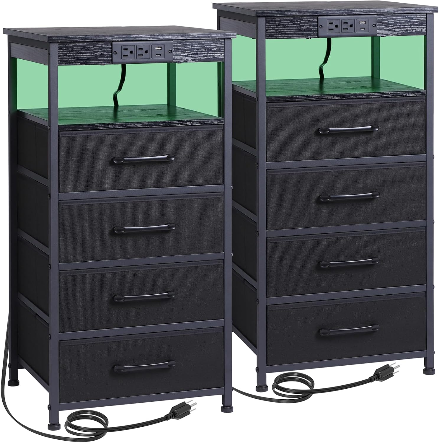 LOAKEKEL Nightstands Set of 2, Tall Night Stand with Charging Station, Large End Tables with USB C Ports and 2 Outlets, Bedside Table with LED Light Strip and 4 Fabric Drawers HNS024BK Black 2