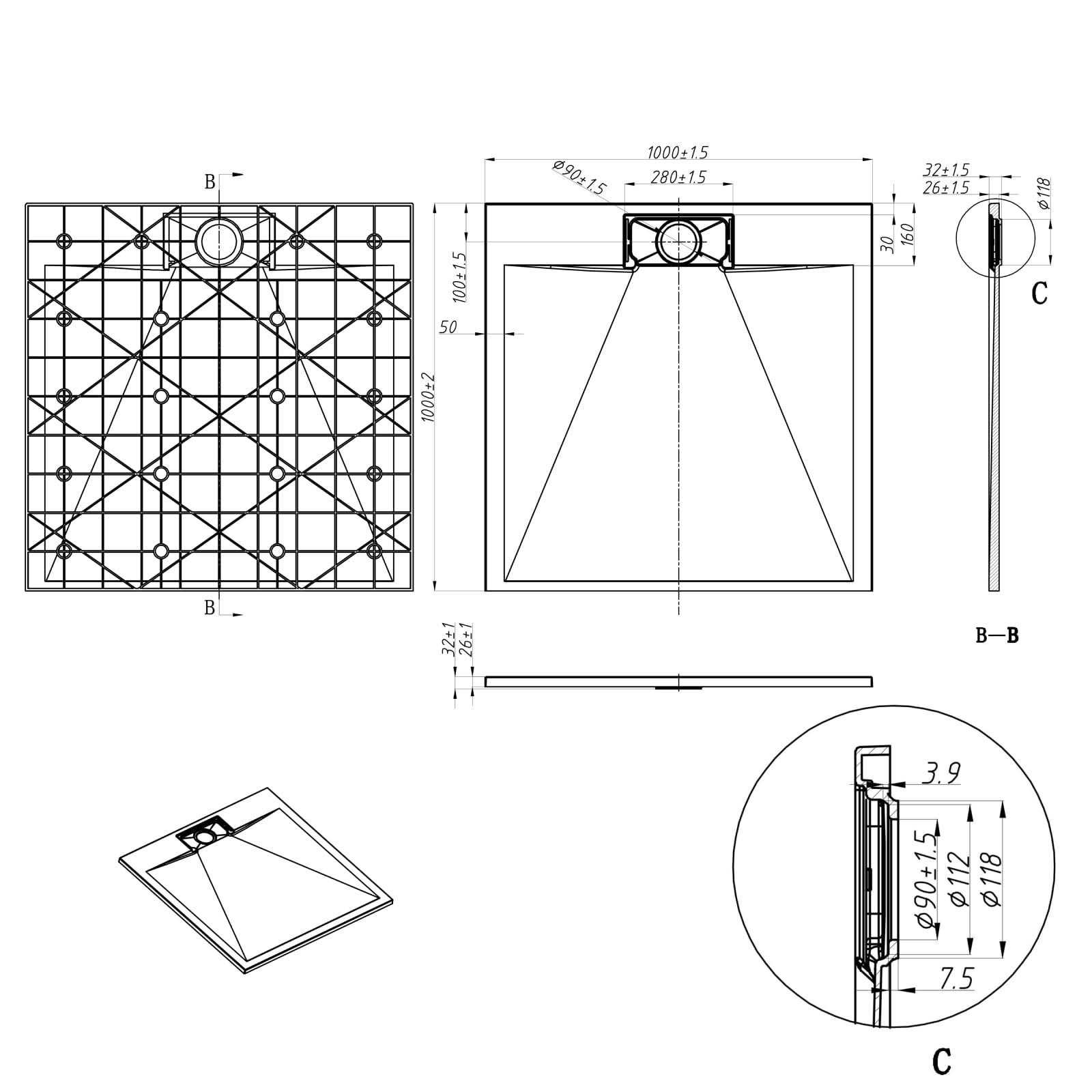 WITEN&NOCK Duschwanne 100x100 cm SMC Brausewanne weiß Steinoptik Anti-Rutsch Duschtasse Höhe 3,2 cm superflach Brausetasse inkl.Ablaufgarnitur