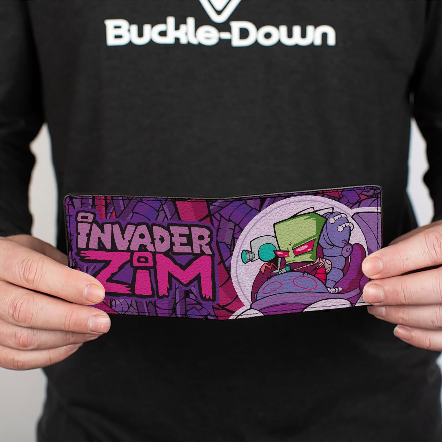 Buckle-Down Nickelodeon Wallet, Bifold, Invader Zim and GIR Voot Cruiser Pose and Logo Purples Pinks, Vegan Leather