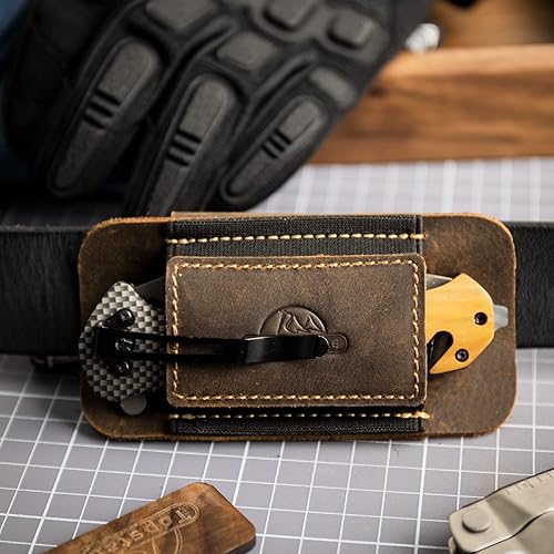 Miniatura 6 de Topstache Funda de cuero de transporte horizontal para cinturón, cuero natural con banda elástica EDC para cuchillos, organizador de bolsillo de