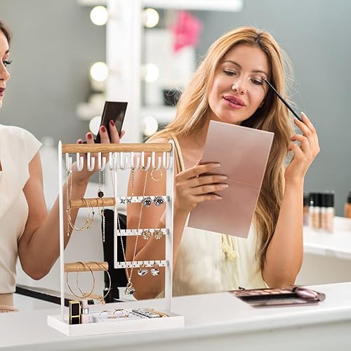 Miniatura 6 de Soporte organizador de joyas soporte para collar estante de torre de joyería de 4 niveles con caja de bandeja de anillos y agujeros ganchos