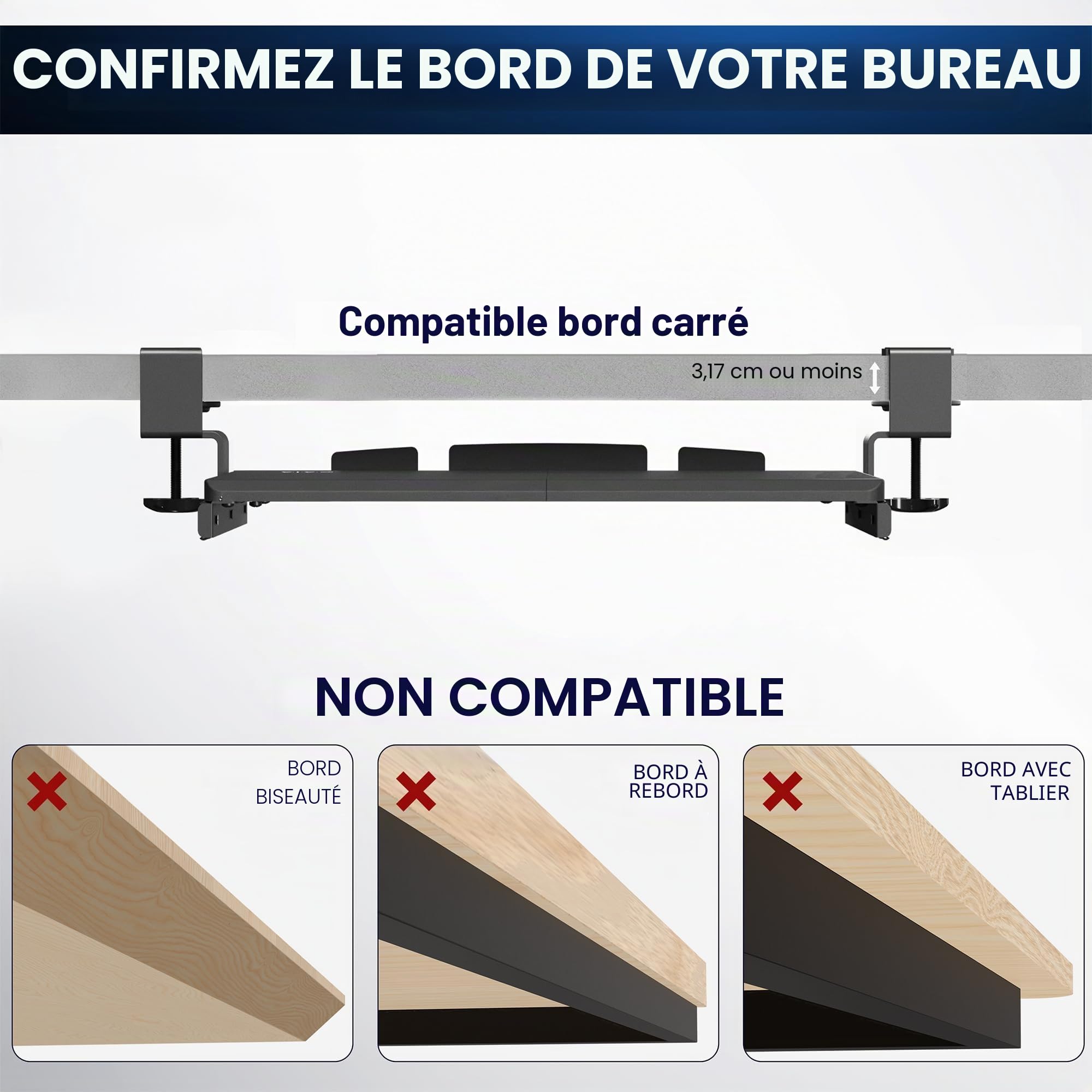 VIVO MOUNT-KB05ES-W Petit plateau pour clavier, avec système de fixation en C extra robuste, 20 (26 pinces incluses) x 28 cm, blanc