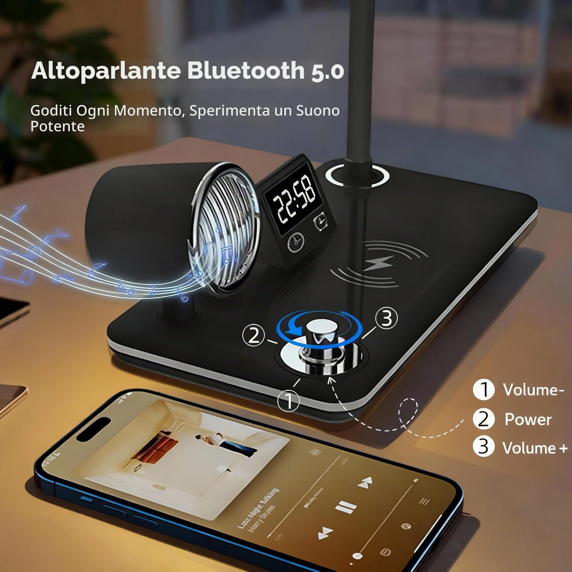Lampada da Scrivania LED con Ricarica Wireless 15W, 500 LUX | Lampada da Tavolo Ufficio, Cassa Bluetooth e Sveglia, Braccio Flessibile, USB per Studio, Lettura, lavoro, Nero