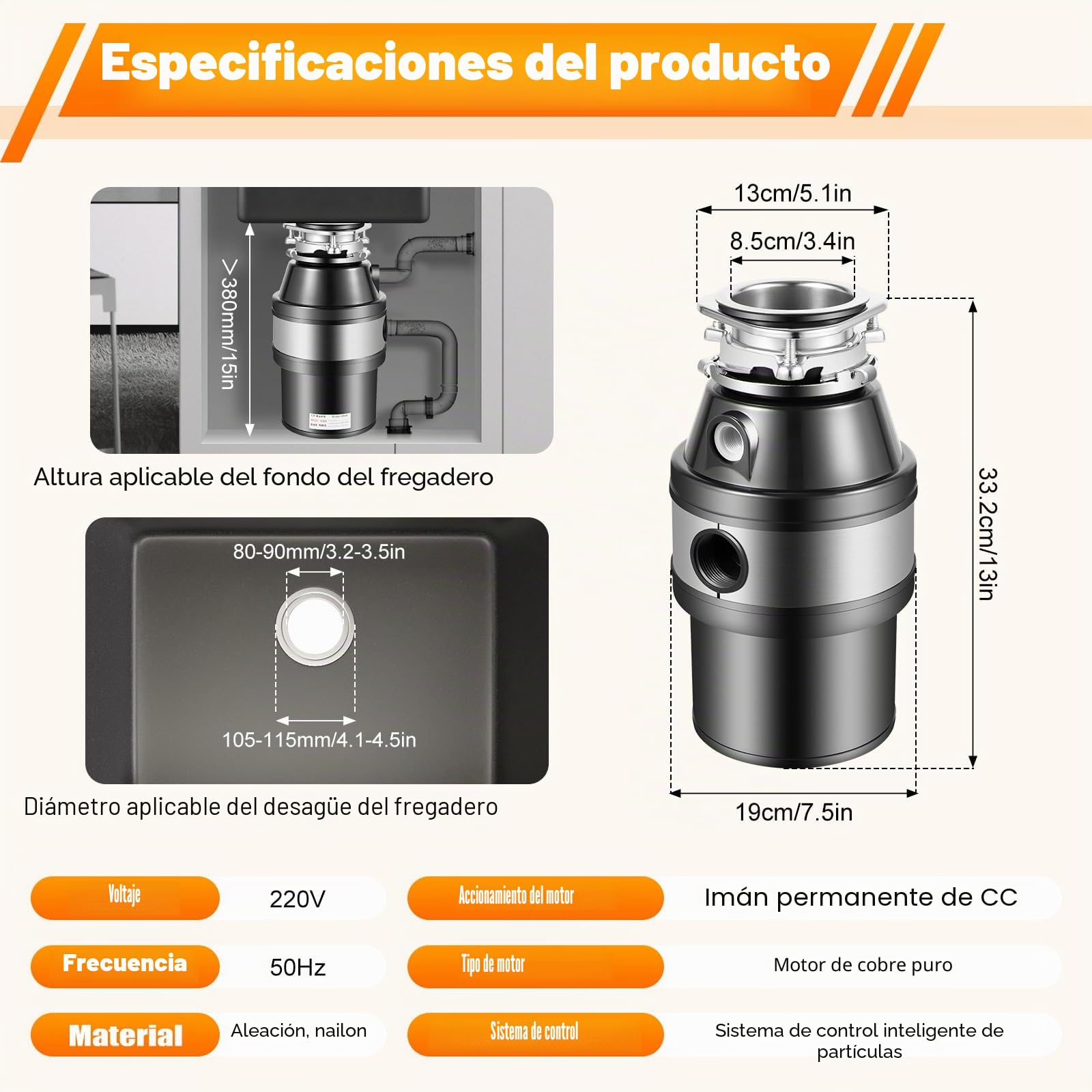 220V 560W Cocina Desechos de Alimentos Trituradora de residuos 1.4L Trituradora de residuos de cocina Trituradora de residuos 0,75 HP Residuos de alimentos Trituradora de residuos domésticos