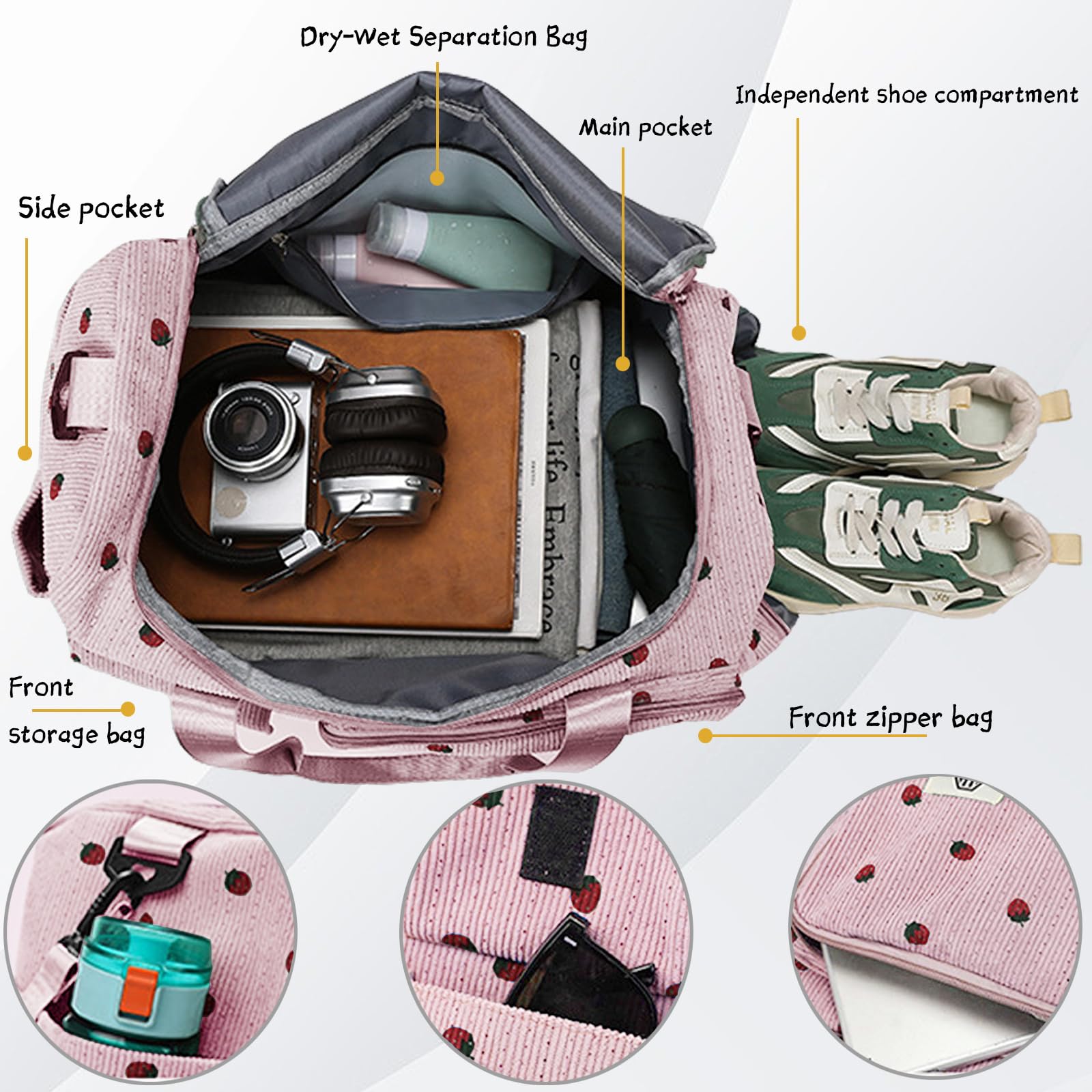Borsone da Viaggio da Donna, Fragola Borsa Sportiva Donna in Velluto a Coste, Borsa Sportiva con Scomparto per Scarpe, Scomparto Umido and Portafoglio Piccolo, per Notte Weekender