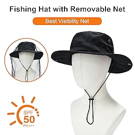 Sun Hats for Men Women Bucket Hat UPF 50+ Boonie Hat Foldable UV Protection Hiking Beach Fishing Summer Safari with Removable Head Net Mesh(1pack-Black)