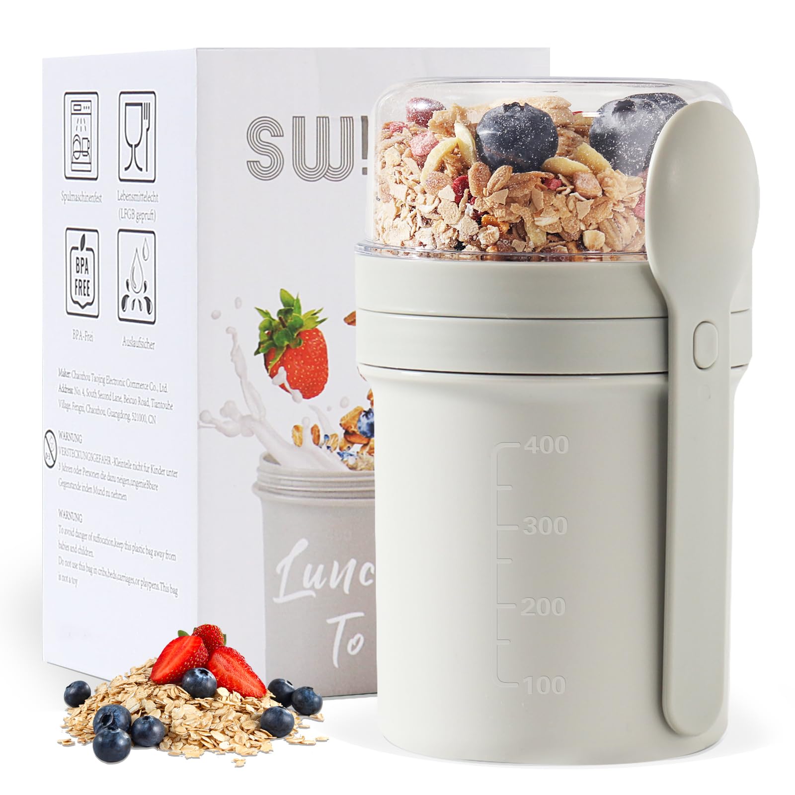 Swkien MüSlibecher to Go, Joghurtbecher to Go 450ml+250ml, Joghurt to Go Becher mit Löffel, Müsli Becher to Go für Müsli & Joghurt, Auslaufsicherer Müsli Cup to Go, Lunchpot(Hellgrau)