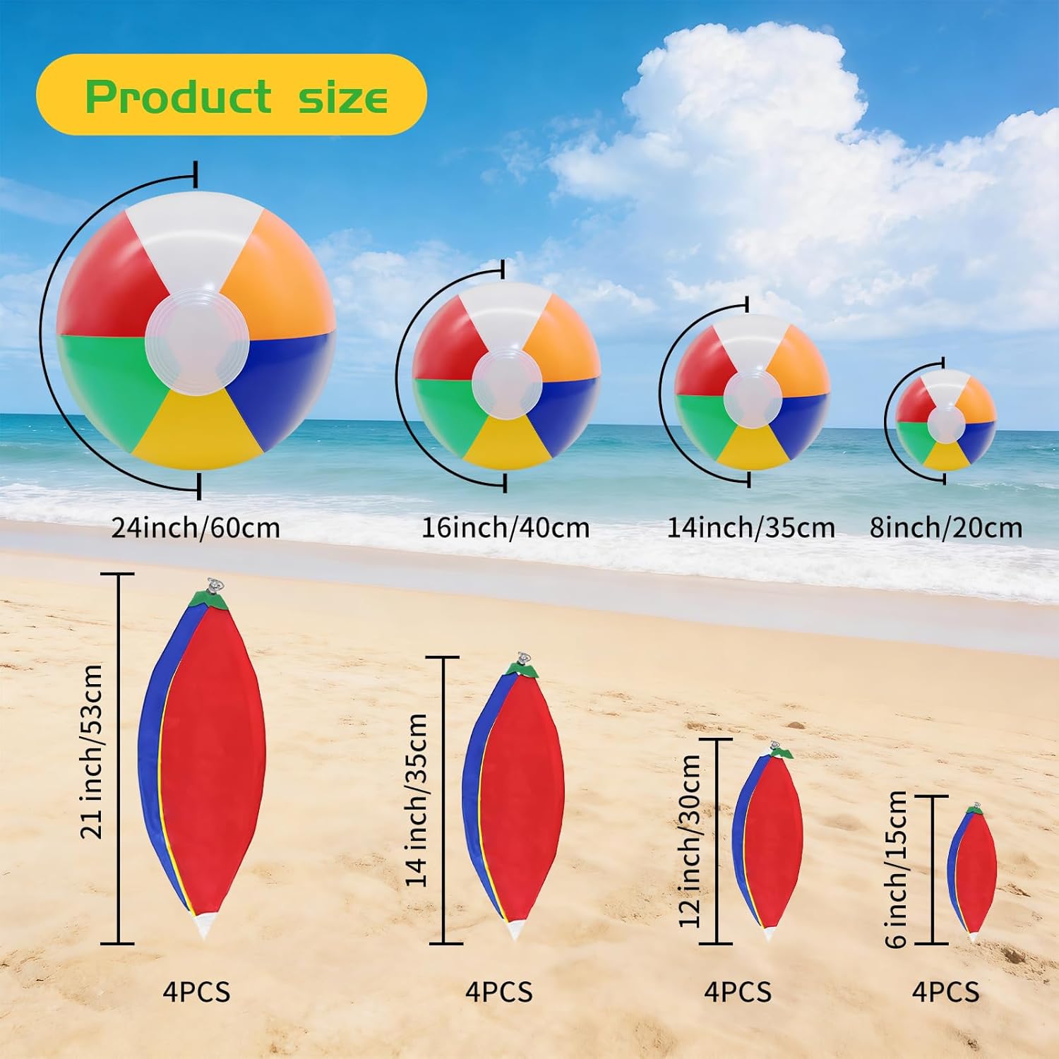 16 Pack Assorted Inflatable Beach Balls (8", 14", 16", 24"), Rainbow Beach Balls Colorful Blow Up Sport Balls for Swimming Pool, Beach, Summer Party Decor & Outdoor Activity