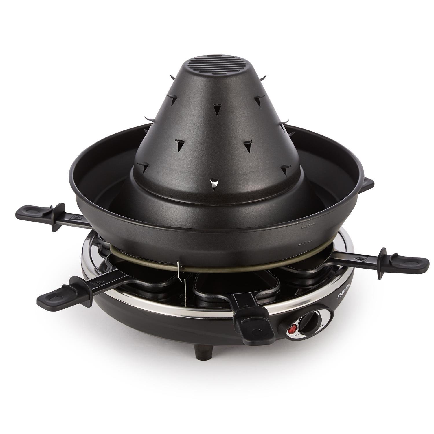 Klarstein Taste Volcano - Raclette, Tischgrill, Elektrogrill, Tartarenhut, 1500 Watt, stufenlos regelbar, Grillen, Überbacken, Grillpfännchen, für 6 Personen, Antihaftbeschichtung, schwarz