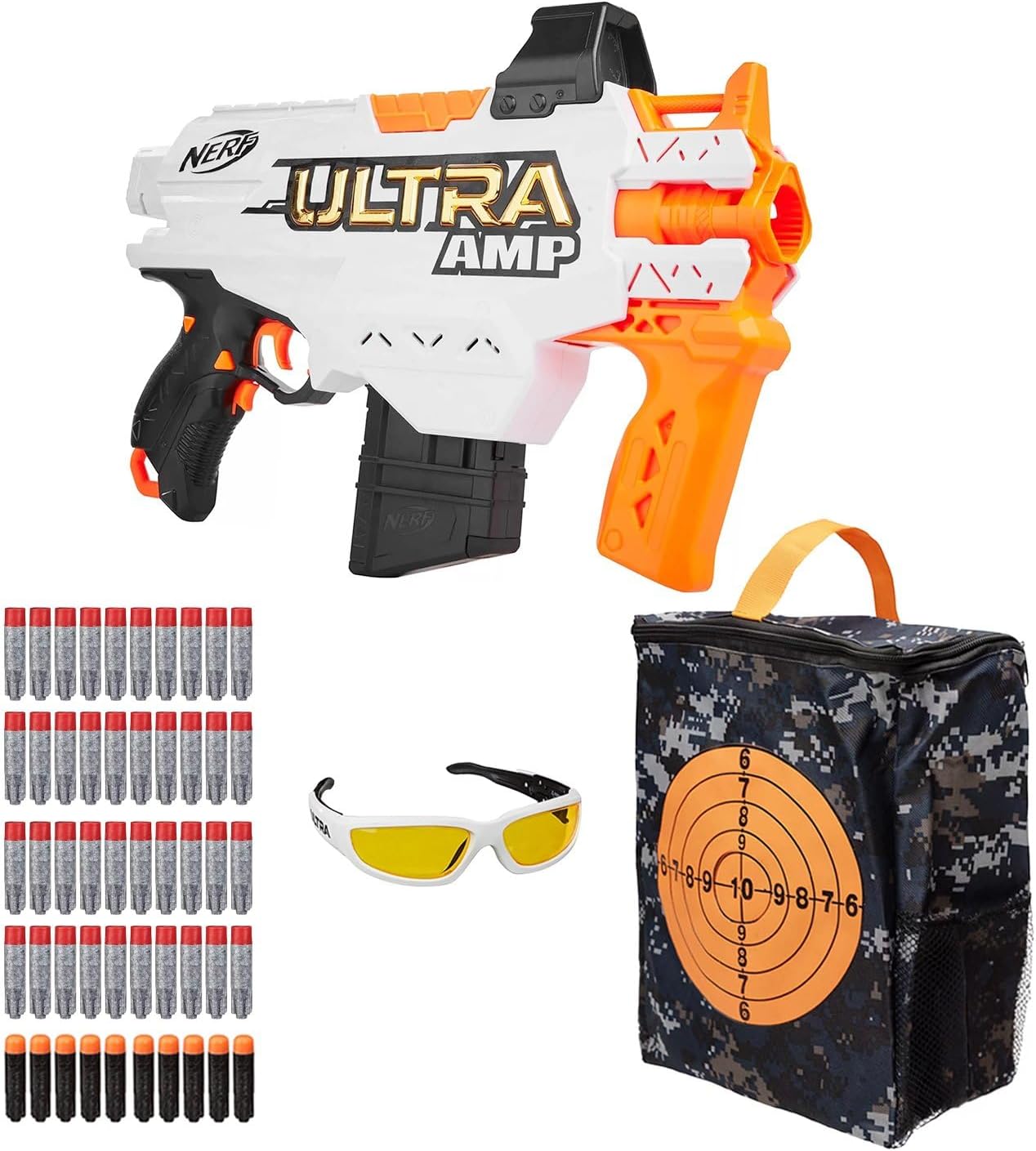 Nerf Ultra AMP Action Pack - Motorised Blaster Including 56 Darts Goggles & Tactical Bag with Target - Semi-Automatic Complete Set for Nerf Fans