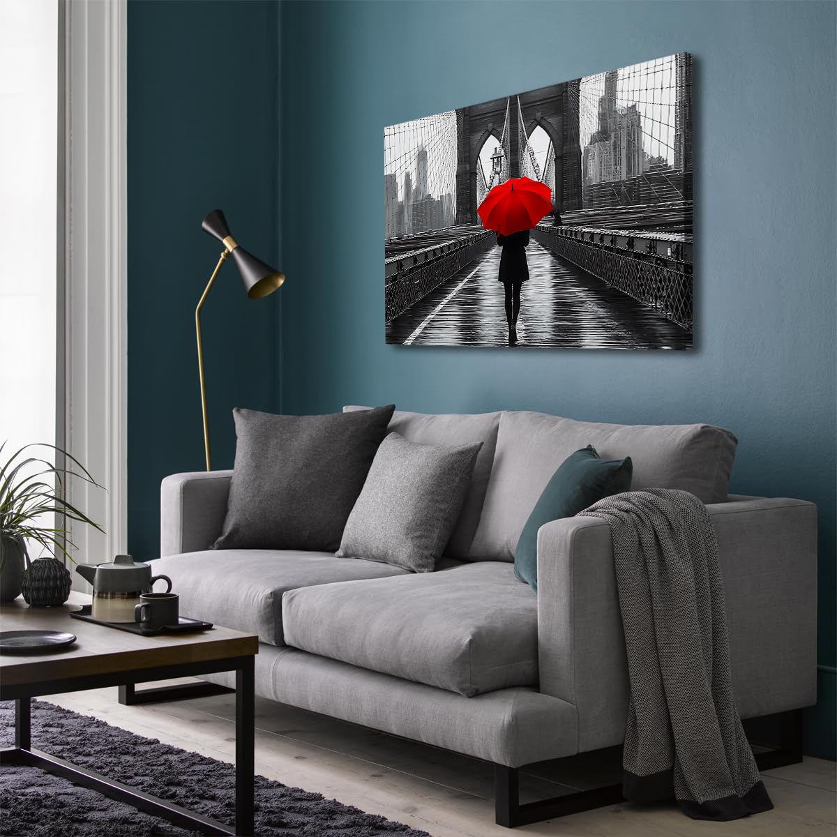 SHENGPOSTER Nowoczesny miejski plakat sztuka ścienna czerwony parasol wydruki na płótnie pieszy i most dekoracja ścienna czerwono-czarno-szary do salonu biuro wnętrze 32 x 42 cm