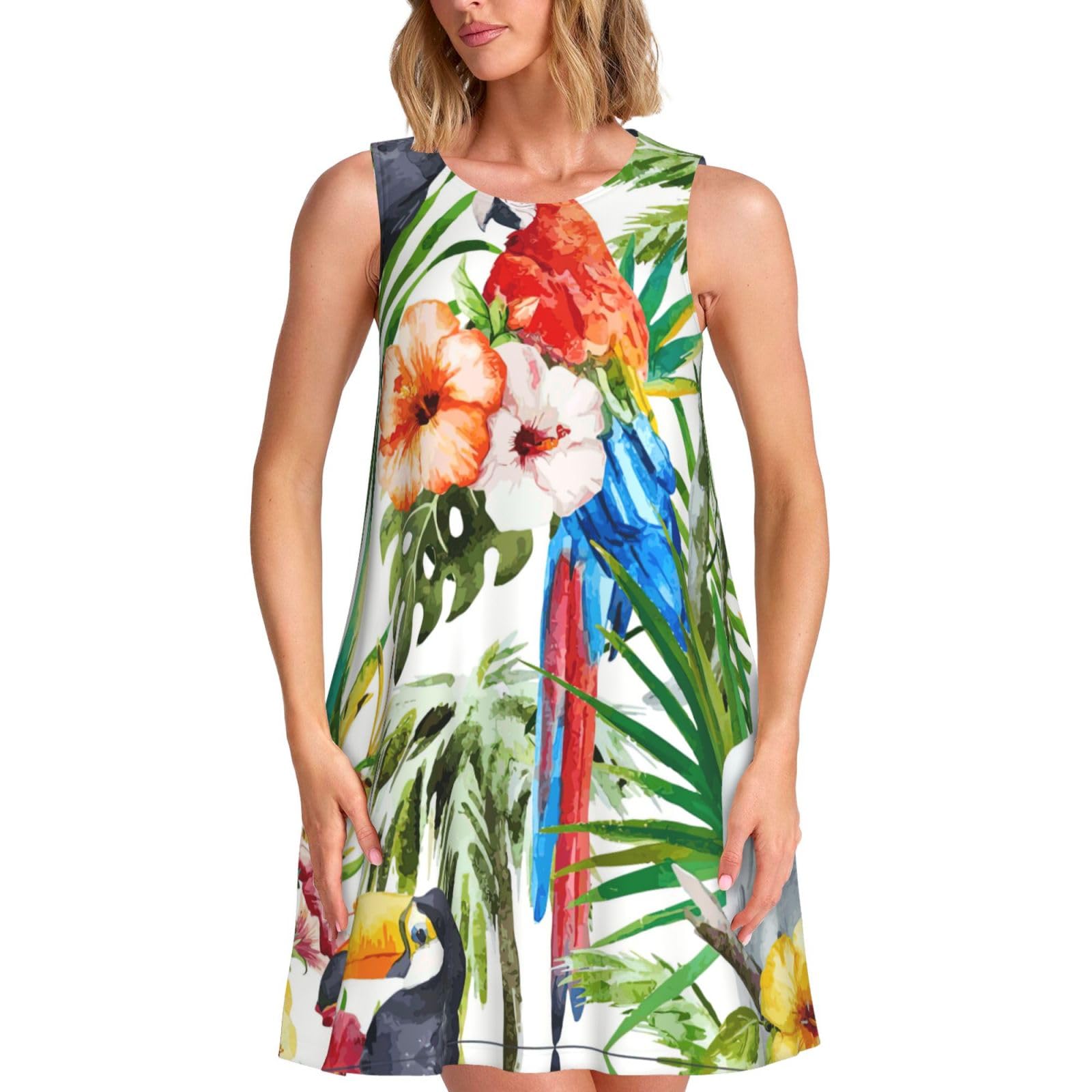 Dexnel Women's Black Toucans Parrot Palm Tree Leaves Sleeveless A Line Dress For Casual Summer Dress With Side Pockets Pleated Cocktail Dress