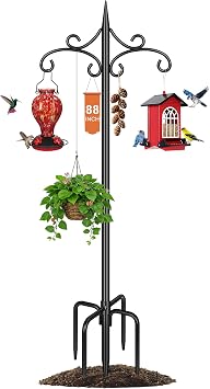 Double Shepherd Hook for Outdoor,88in Heavy Duty Bird Feeder Pole | 3/4 Steel Pole,5-Prong Stable Base,Adjustable Height,20lb Capacity,Perfect for Bird Feeder, Plant, Lantern,Rust Resistant