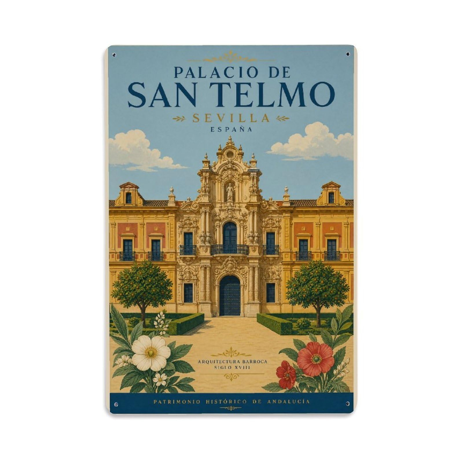 Vintage Travel Palacio San Telmo Seville Baroque Palace Metal Tin Sign