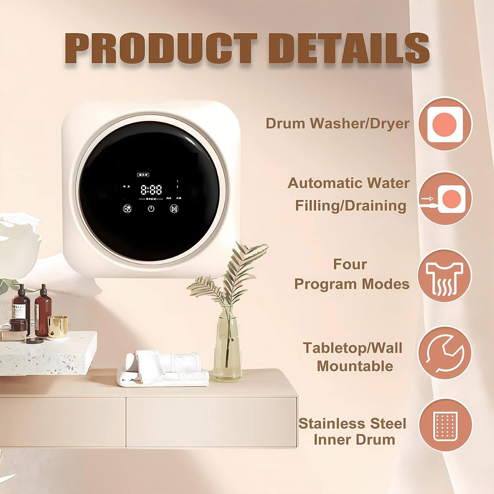 2-in-1 Mini-Waschtrockner-Kombination,Zur Wand- oder Tischmontage, 3.5-L-Edelstahltrommel, Intuitive Touch-Bedienung, Perfekt für Studentenwohnheime, Camping und Reisen. WallMount