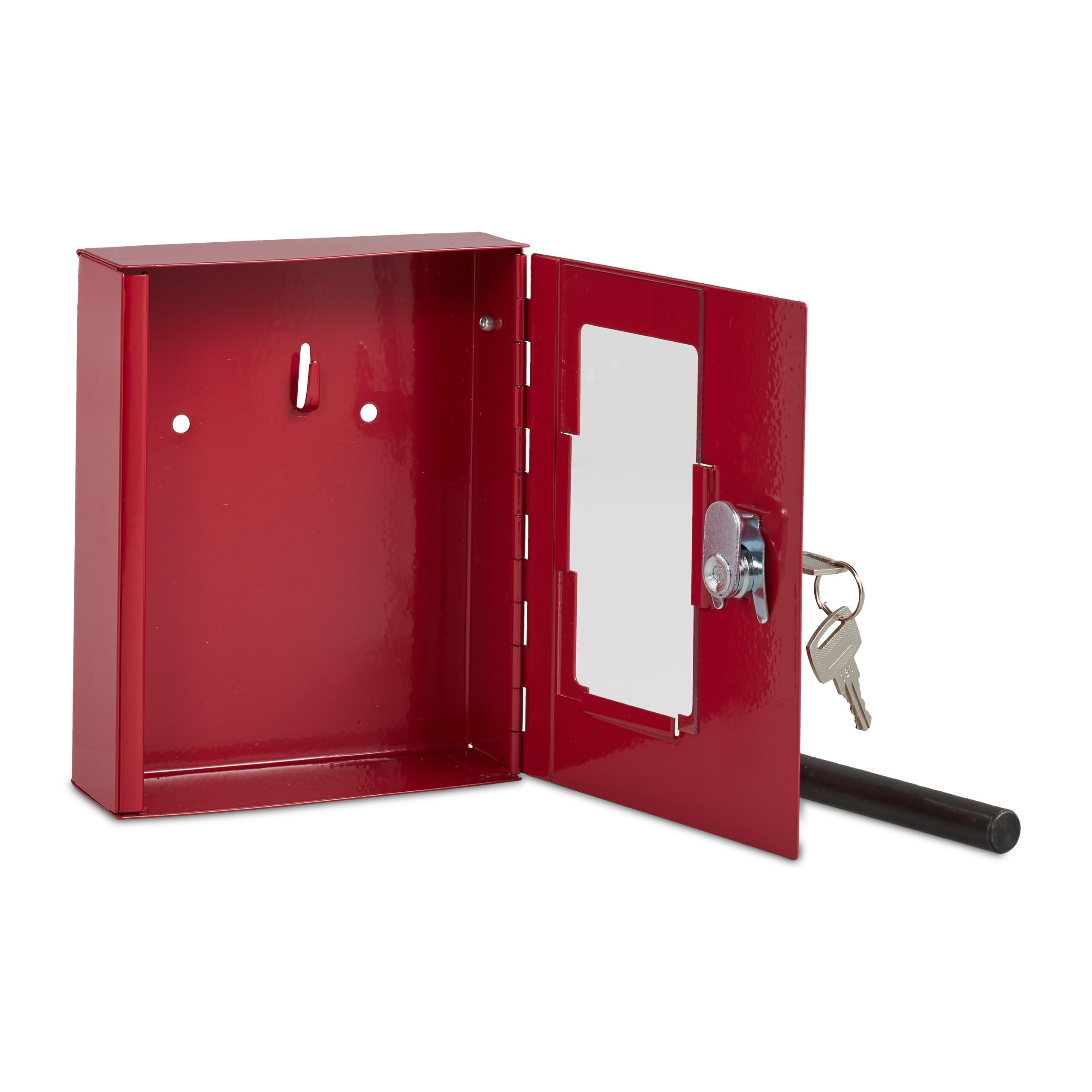 Relaxdays Caja para Llave de Emergencia, Cajetín con Ventana de Vidrio y Rompecristales, Cerradura, Cajita Metal, Rojo