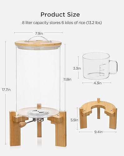Miniatura 2 de HBlife Dispensador de arroz de vidrio de 14 a 16 libras con soporte de madera, contenedor de harina y cereales con taza medidora de vidrio