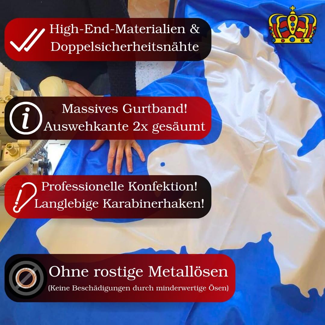 Fahnenmast Fahnen XXL - Thüringen Fahne 120x200cm - 100% deutsche Produktion - Inkl. Fahnen Befestigung - Doppelt gesäumt, stabiles Gurtband + 3 Kunststoff-Karabinerhaken