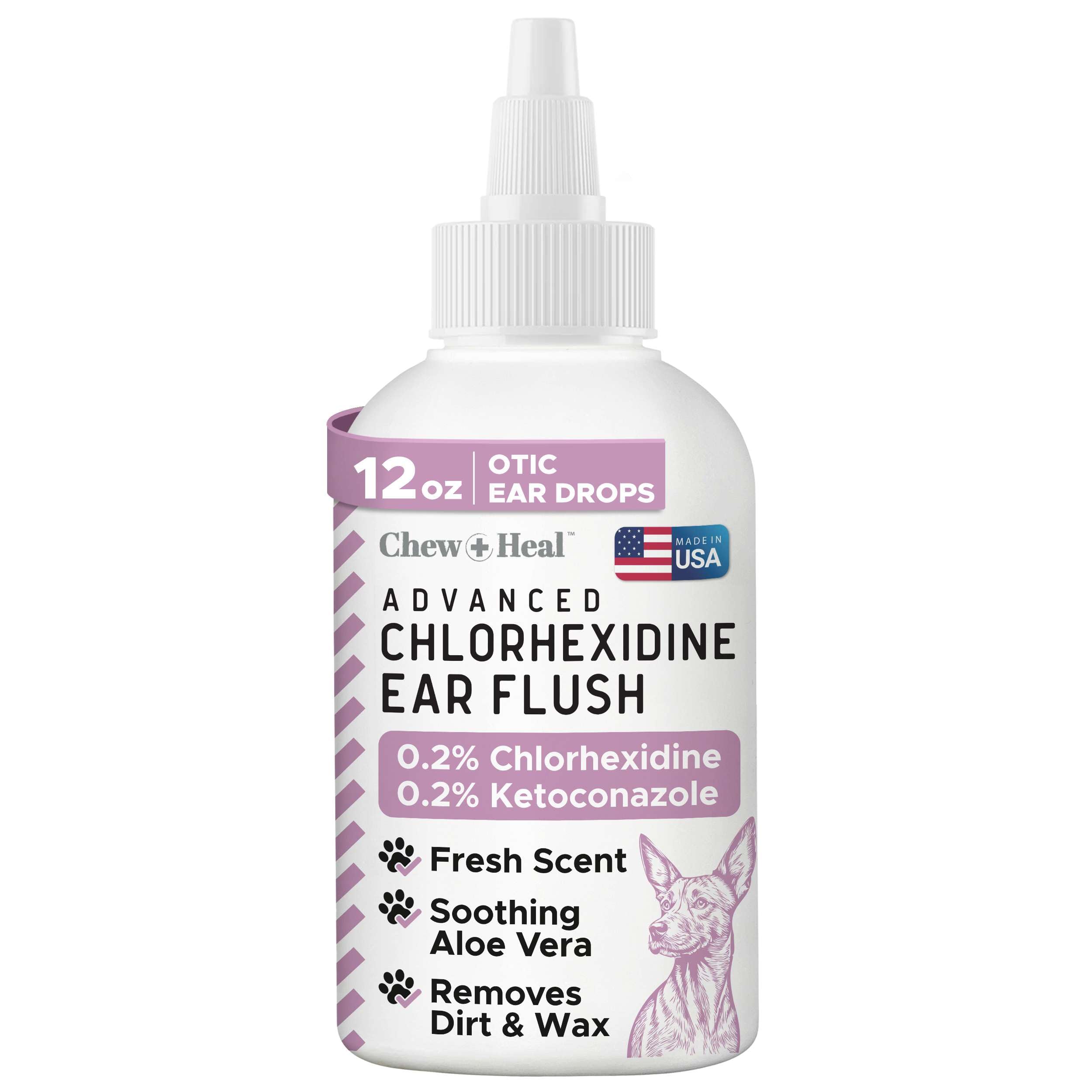 Chew + Heal Labs Dog Ear Cleaner - OTIC Medicated Dog Ear Buildup Drops for Dirt and Wax - 12 oz Advanced Flush with Chlorohexidine and Ketoconazole - Made in The USA